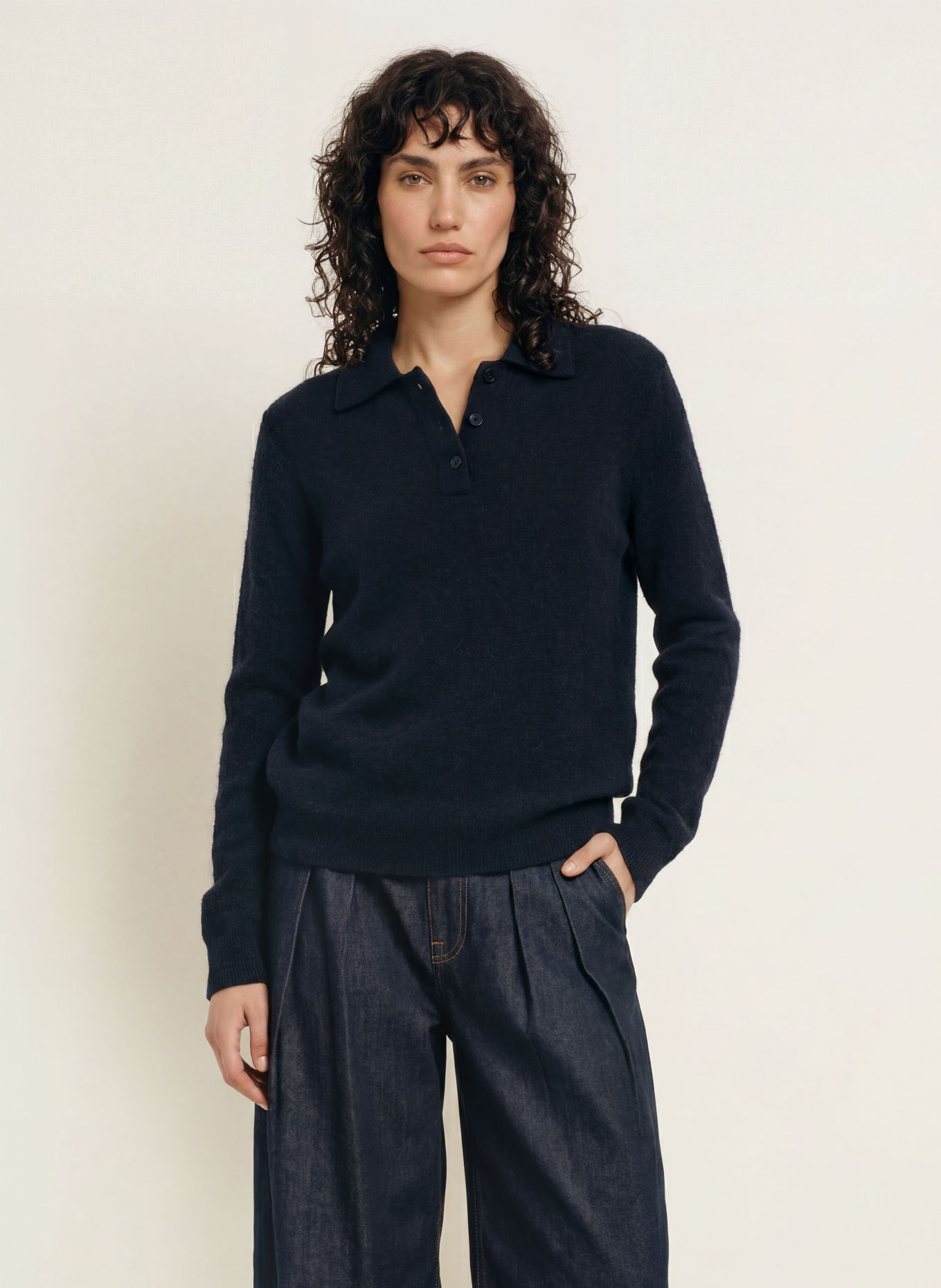 SAMSØE SAMSØE Gebreid poloshirt SANOURA met alpaca en merinowol: DONKERBLAUW