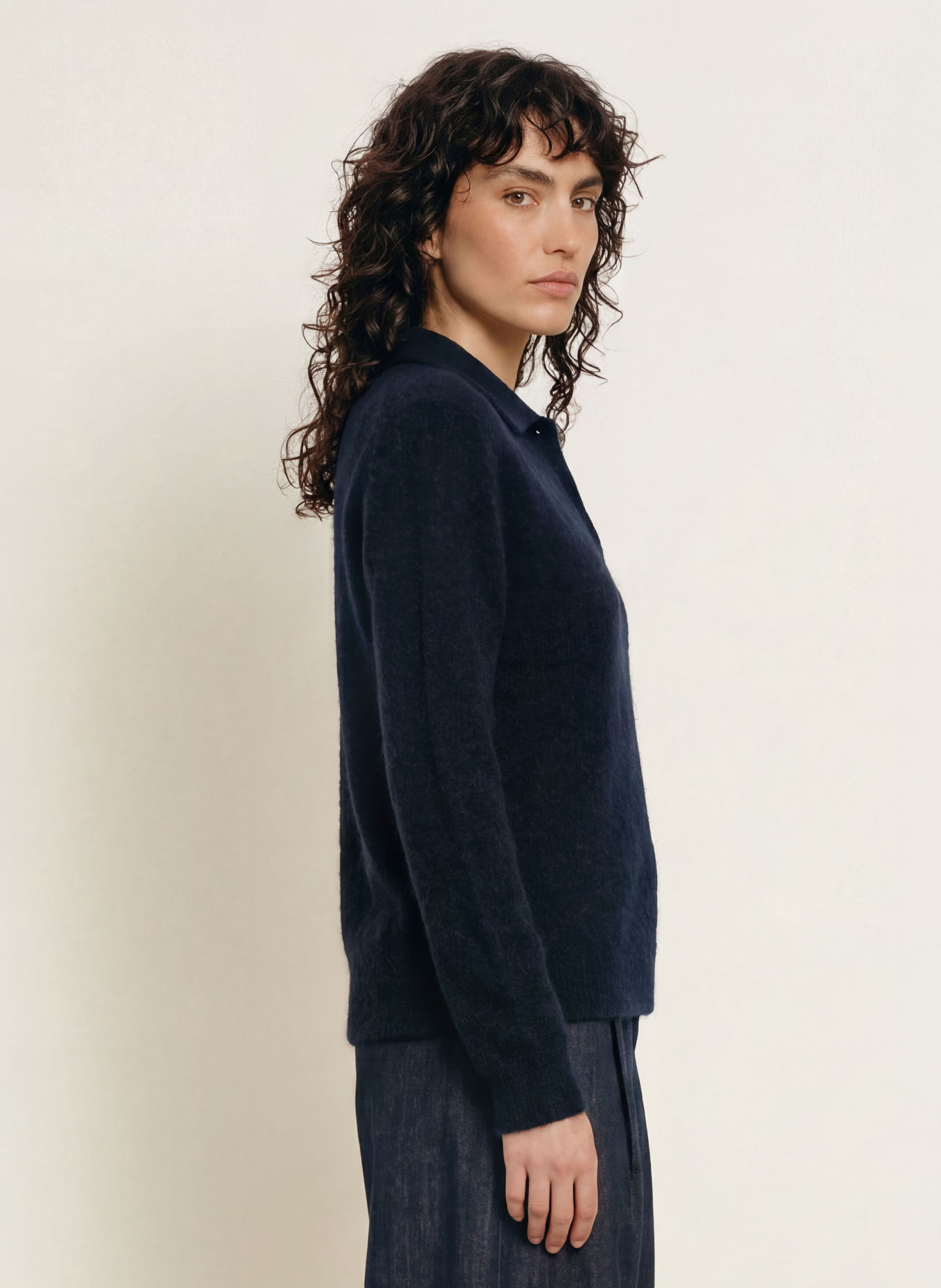 SAMSØE SAMSØE Gebreid poloshirt SANOURA met alpaca en merinowol: DONKERBLAUW