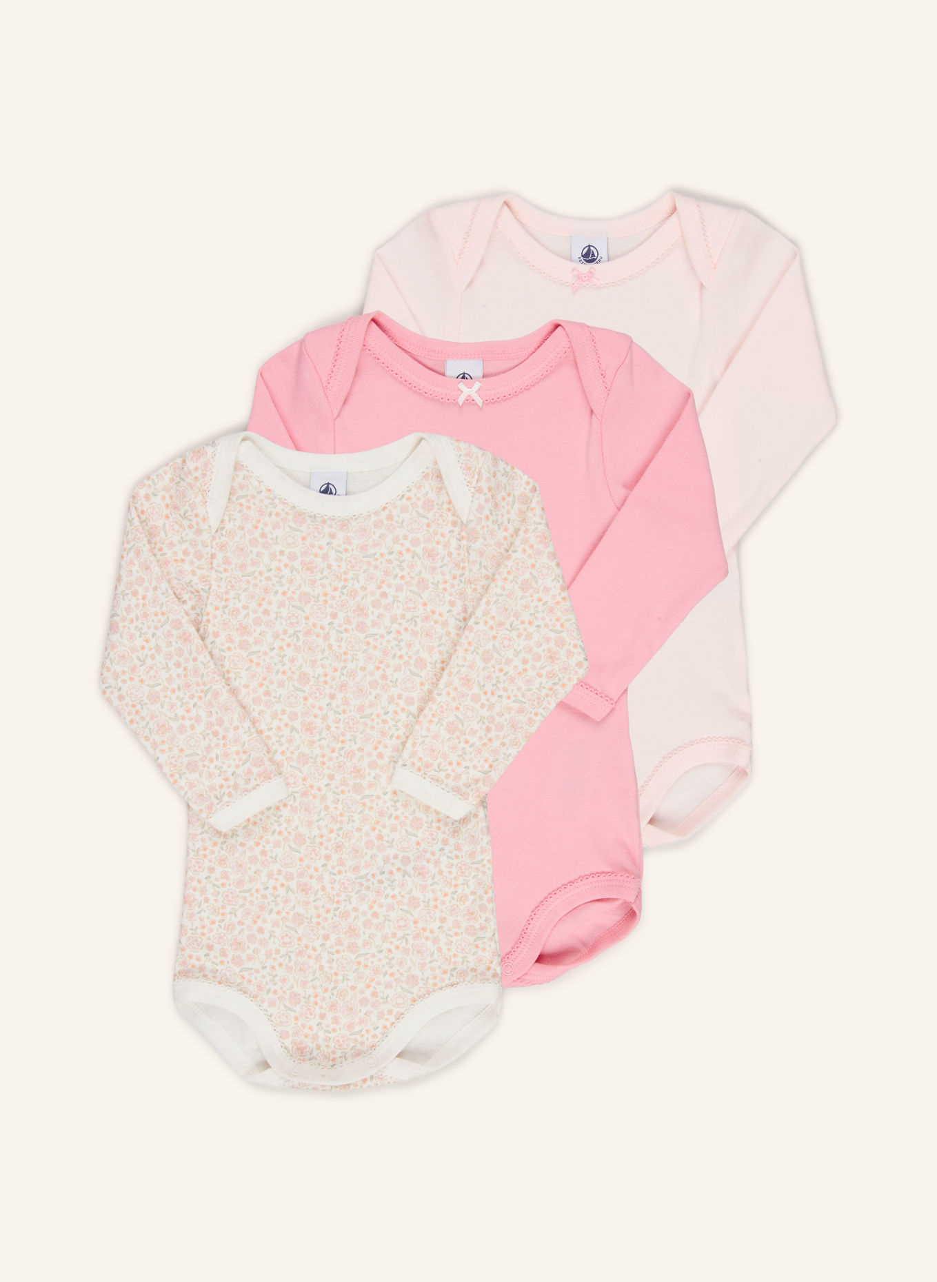 PETIT BATEAU 3-Pack Bodysuits: PINK / DUSKY PINK / WHITE