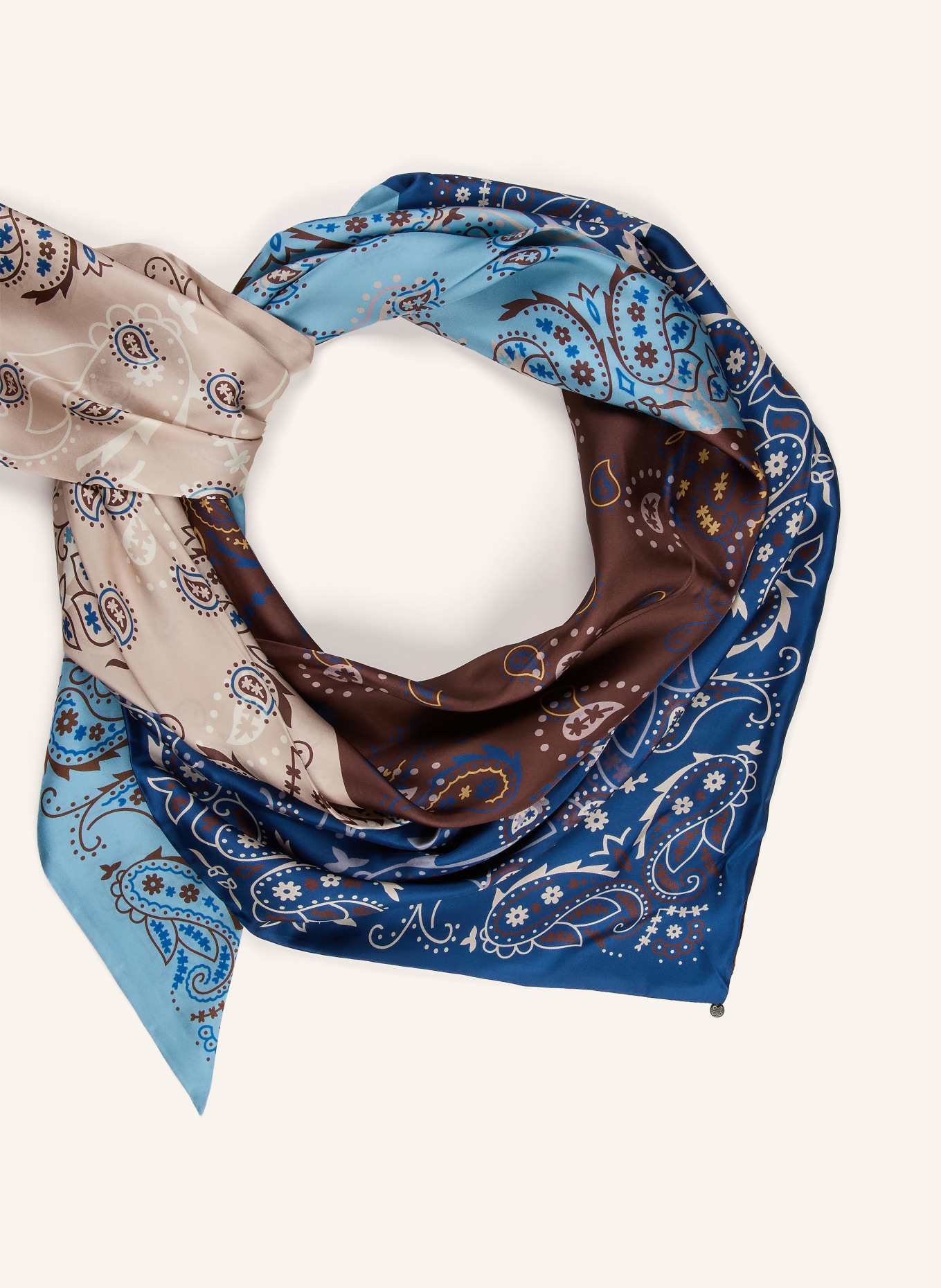 CODELLO Silk triangular scarf: DARK BLUE / BROWN / BEIGE