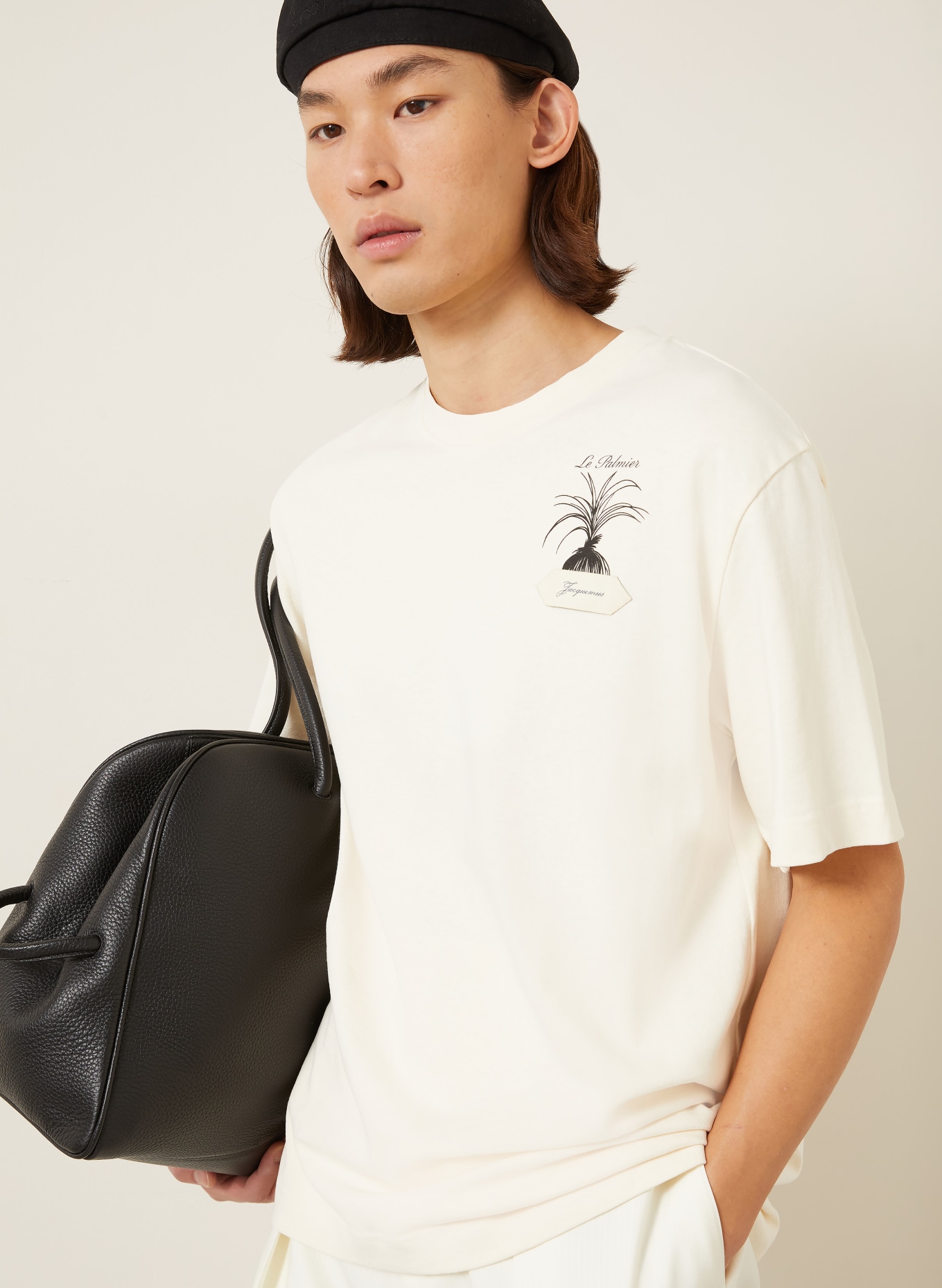 JACQUEMUS T-shirt LE TSHIRT PALMIER: CRÈME / MARRON FONCÉ