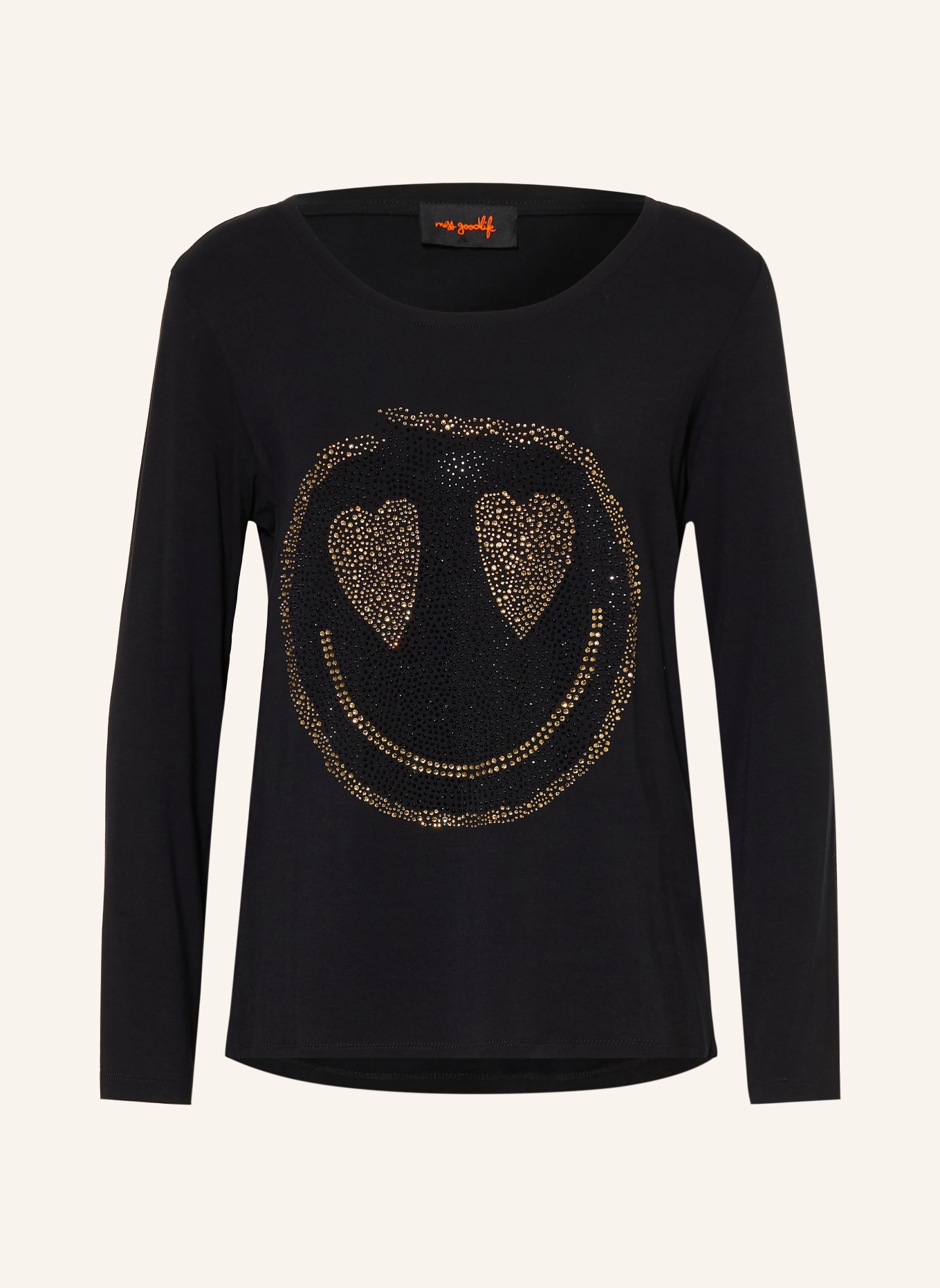 miss goodlife Longsleeve mit Schmucksteinen: SCHWARZ / GOLD