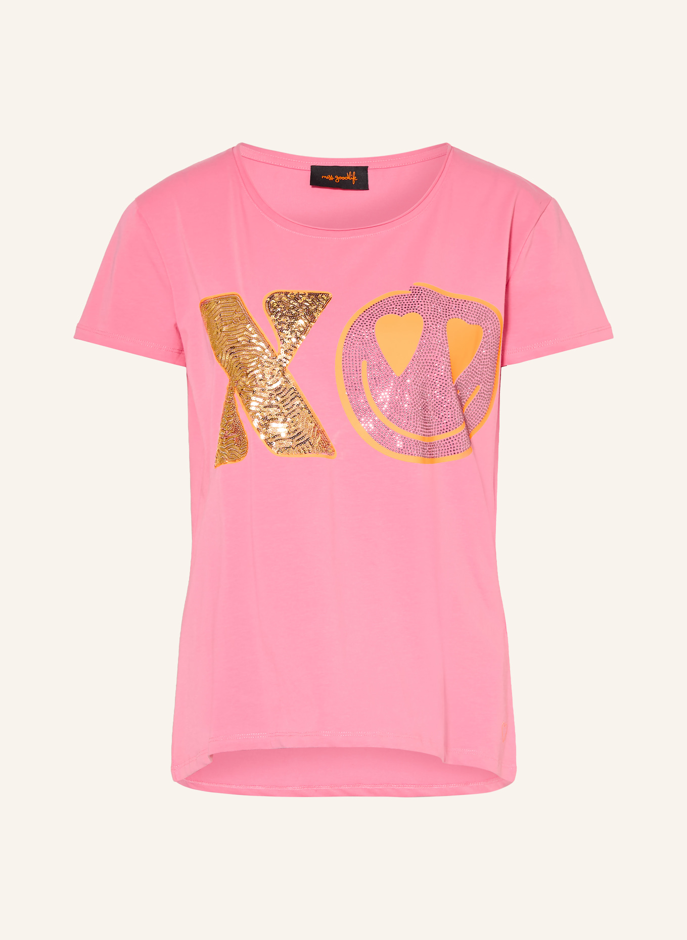 miss goodlife T-shirt with rhinestones and sequins: PINK / GOLD / NEON ORANGE