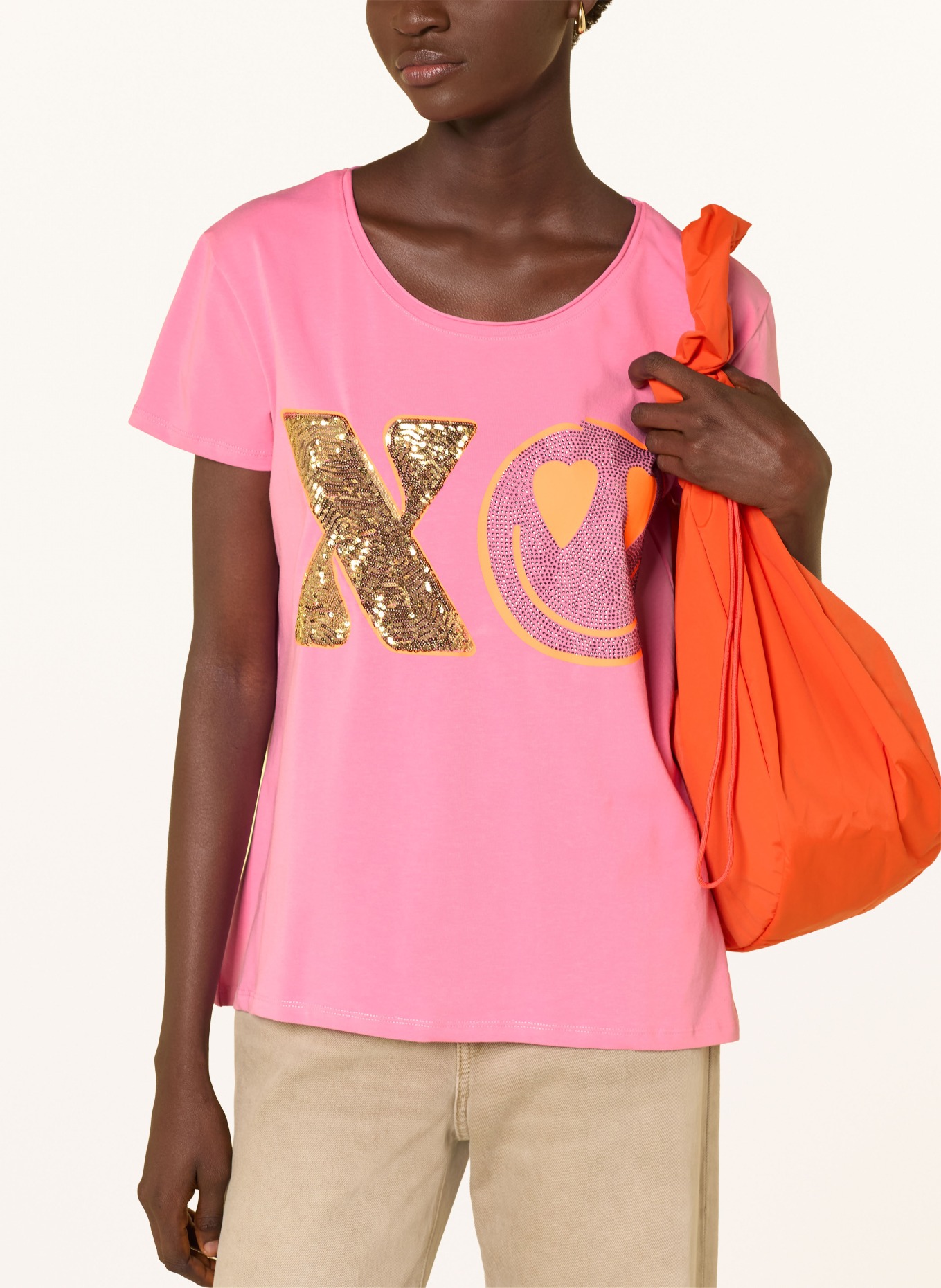 miss goodlife T-shirt with rhinestones and sequins: PINK / GOLD / NEON ORANGE