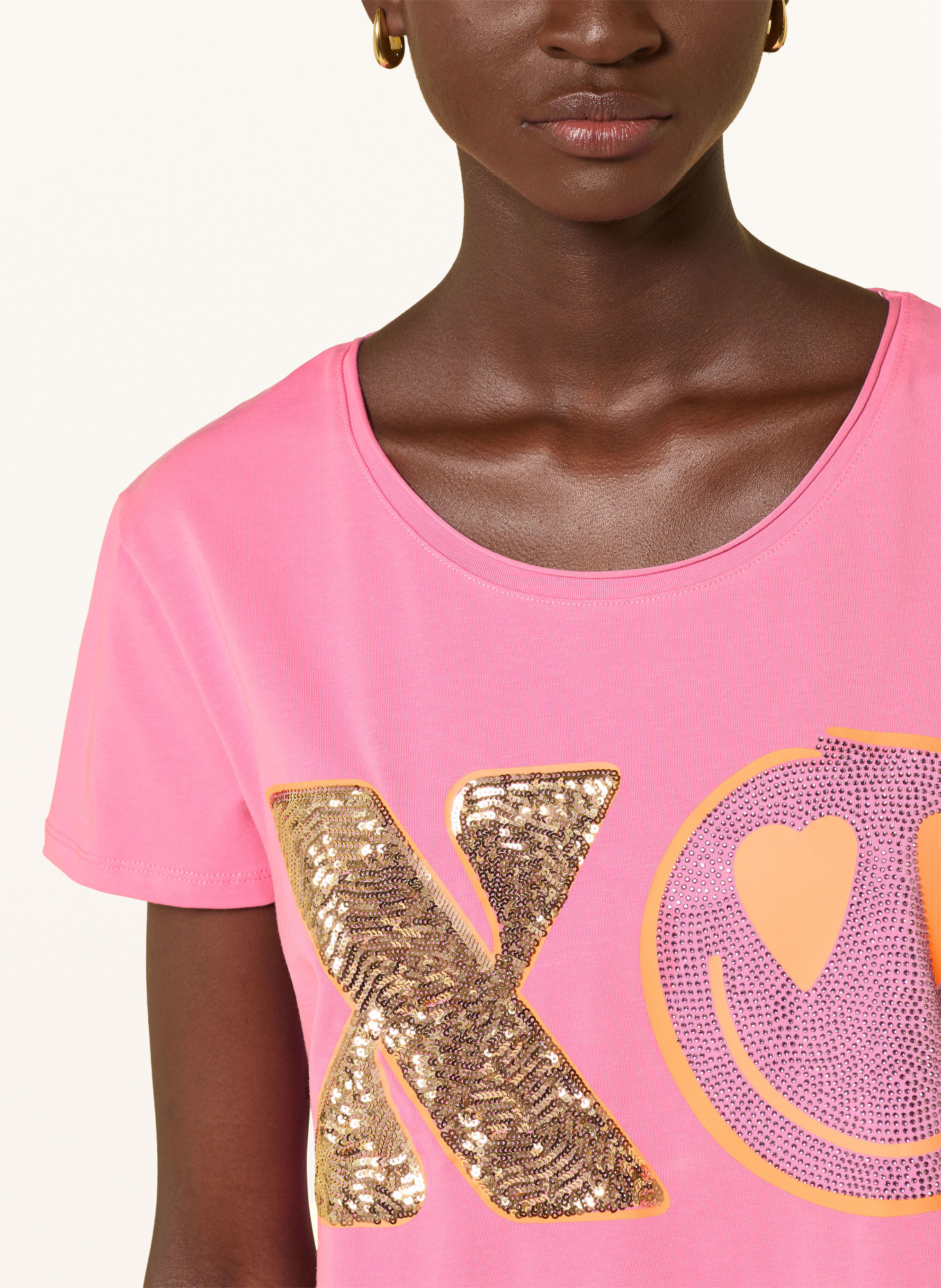 miss goodlife T-shirt with rhinestones and sequins: PINK / GOLD / NEON ORANGE