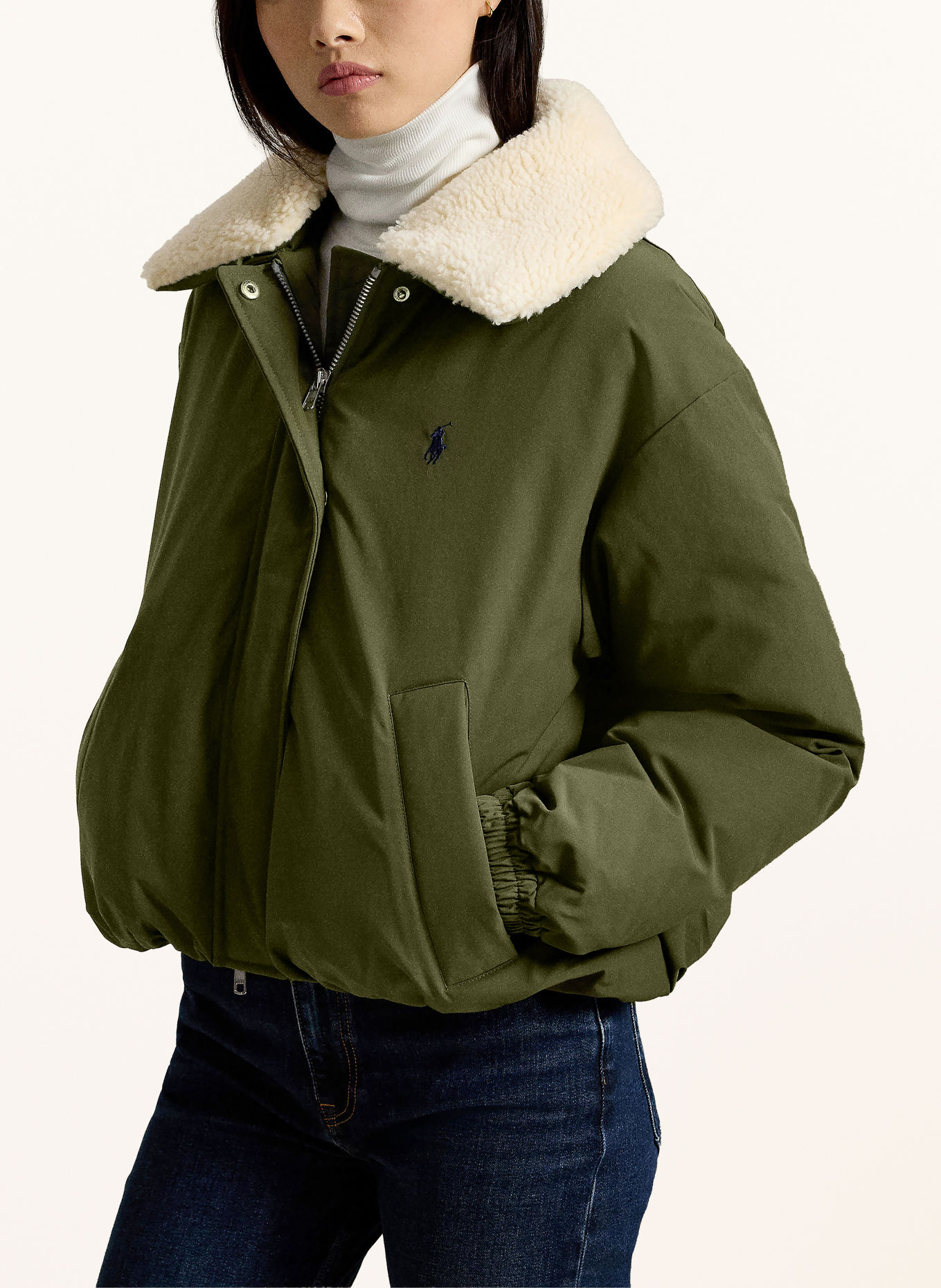 POLO RALPH LAUREN Blouson en duvet avec fourrure synthétique amovible: OLIVE / ÉCRU / BLEU FONCÉ