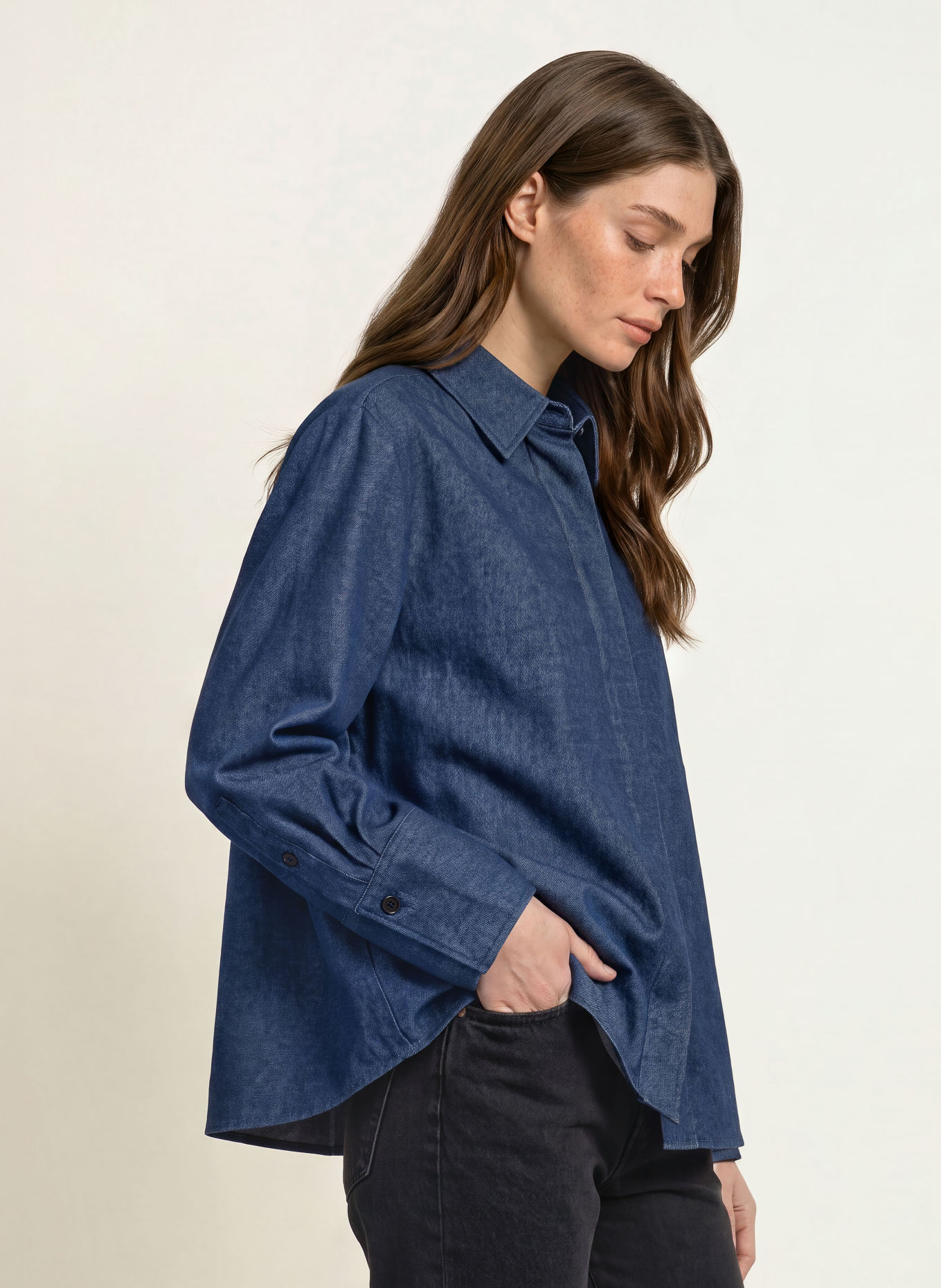lilienfels Chemisier effet denim en flanelle: BLEU FONCÉ