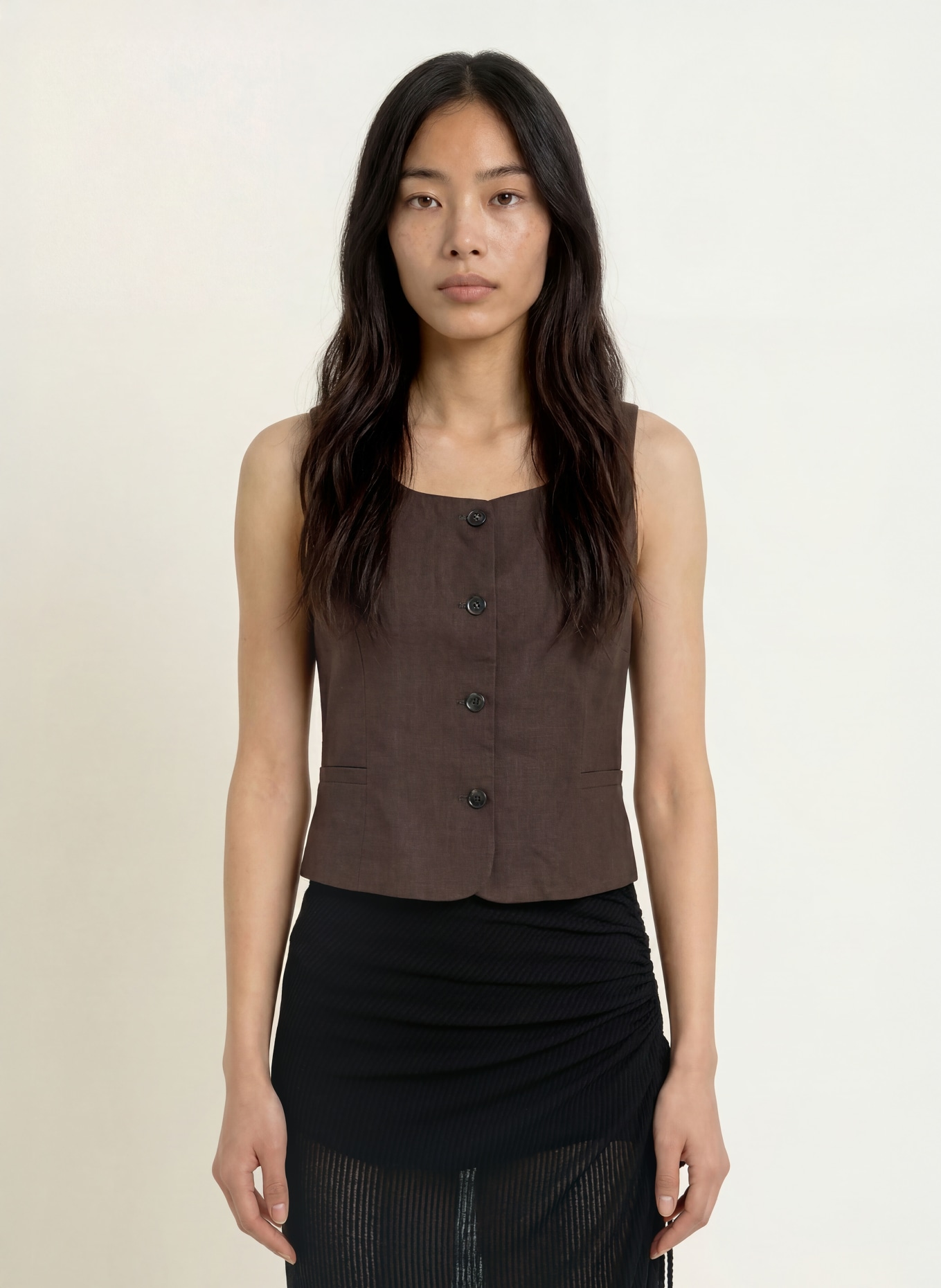 NEO NOIR YULA Vest with Linen: DARK BROWN