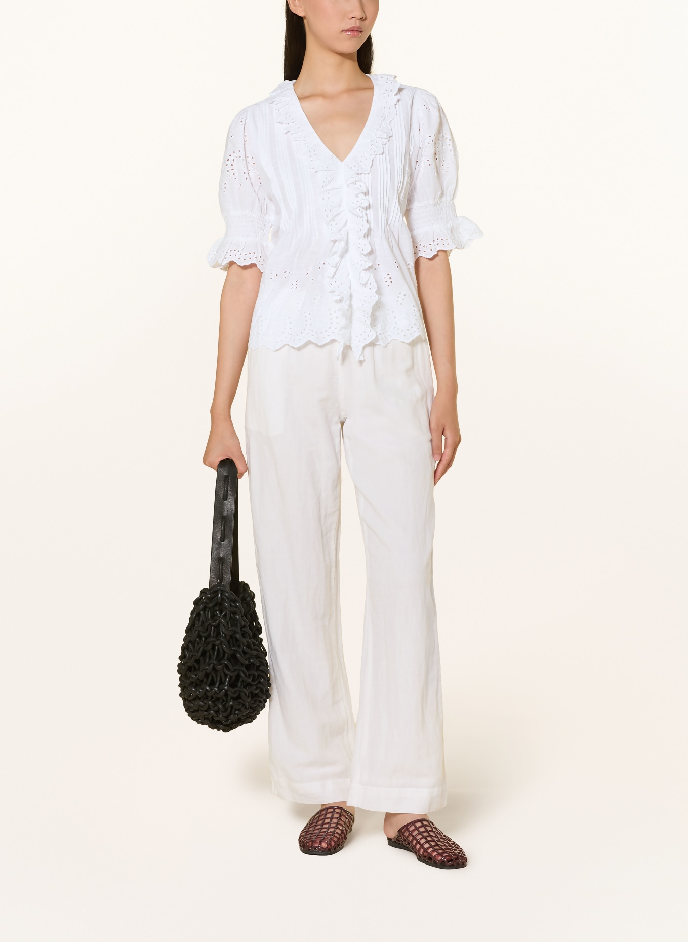 NEO NOIR TALISE Shirt blouse with Openwork Lace: WHITE
