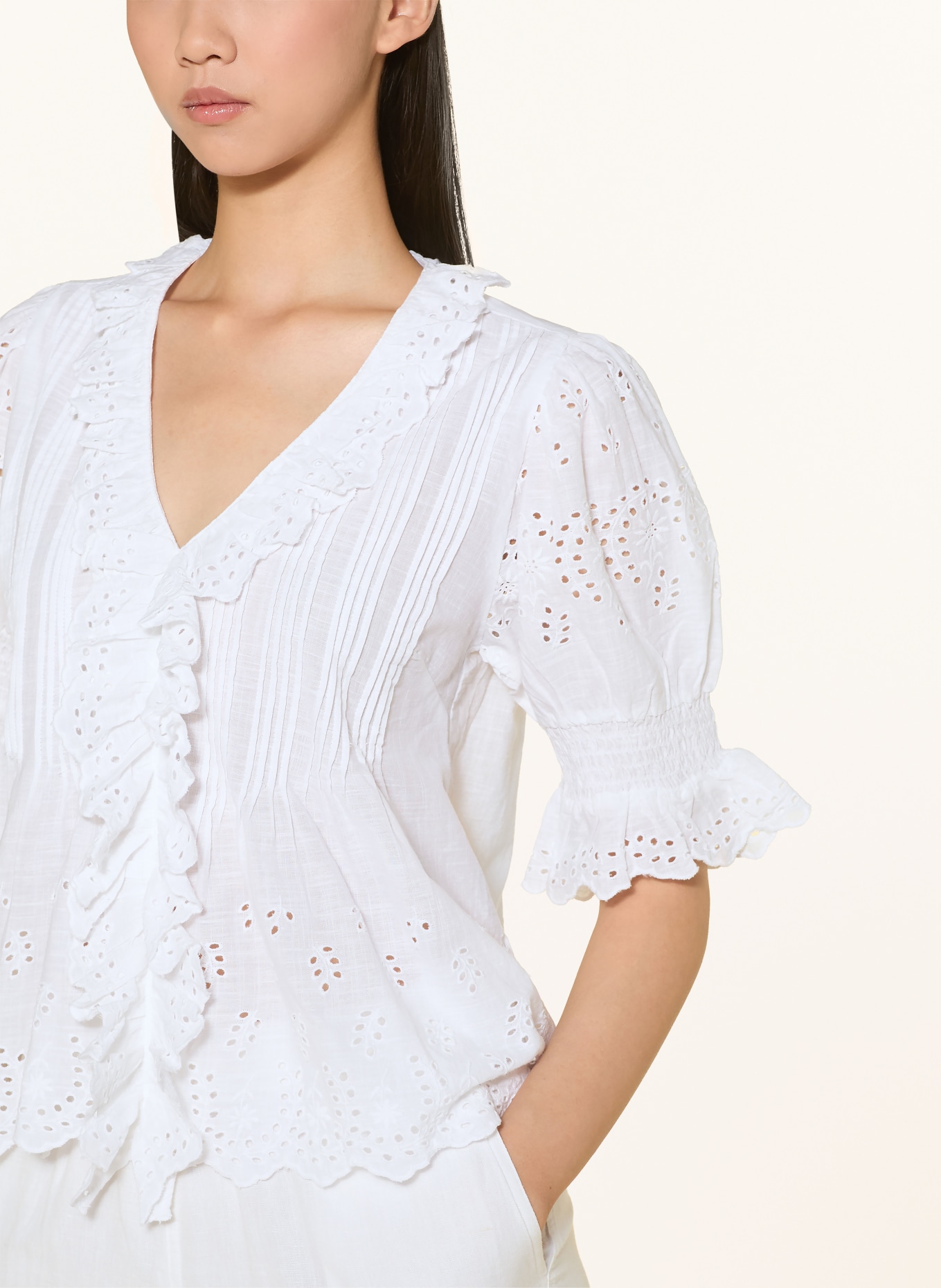 NEO NOIR TALISE Shirt blouse with Openwork Lace: WHITE