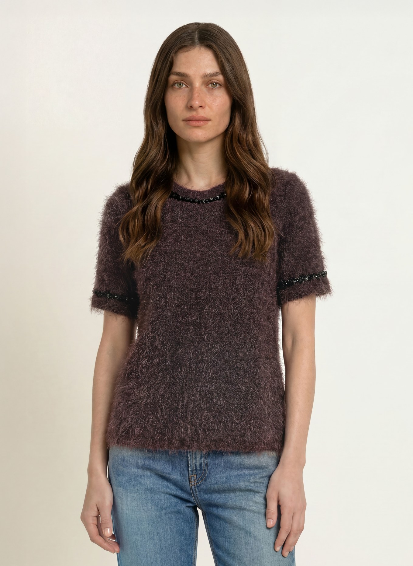 lilienfels Strickshirt mit Pailletten und Schmucksteinen: DUNKELBRAUN