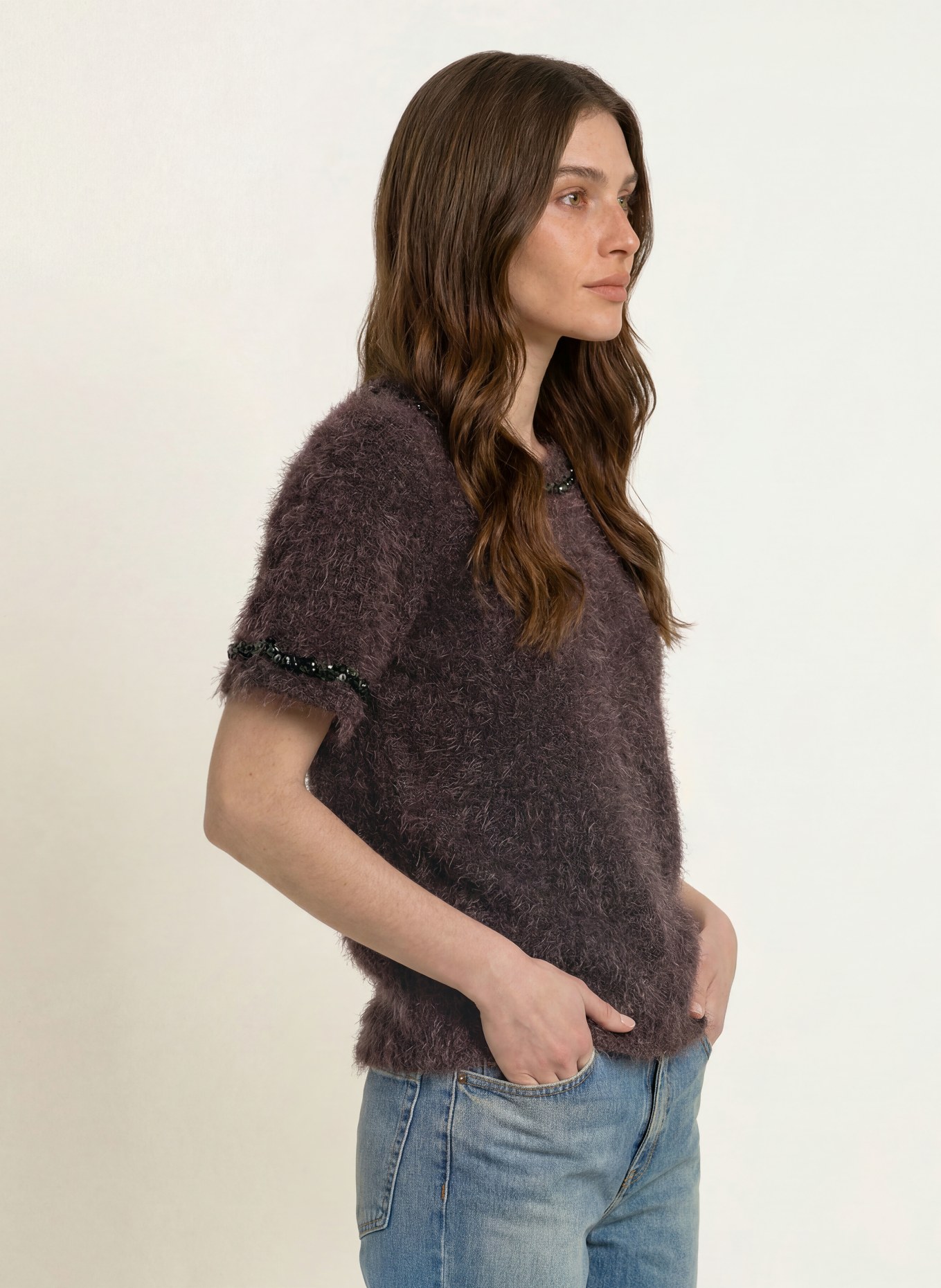lilienfels Strickshirt mit Pailletten und Schmucksteinen: DUNKELBRAUN