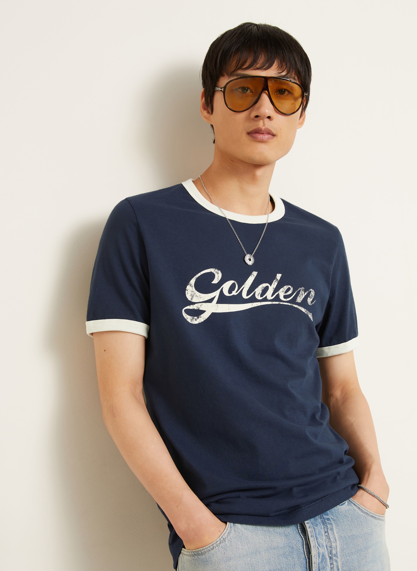 GOLDEN GOOSE Tričko: TMAVĚ MODRÁ / KRÉMOVÁ