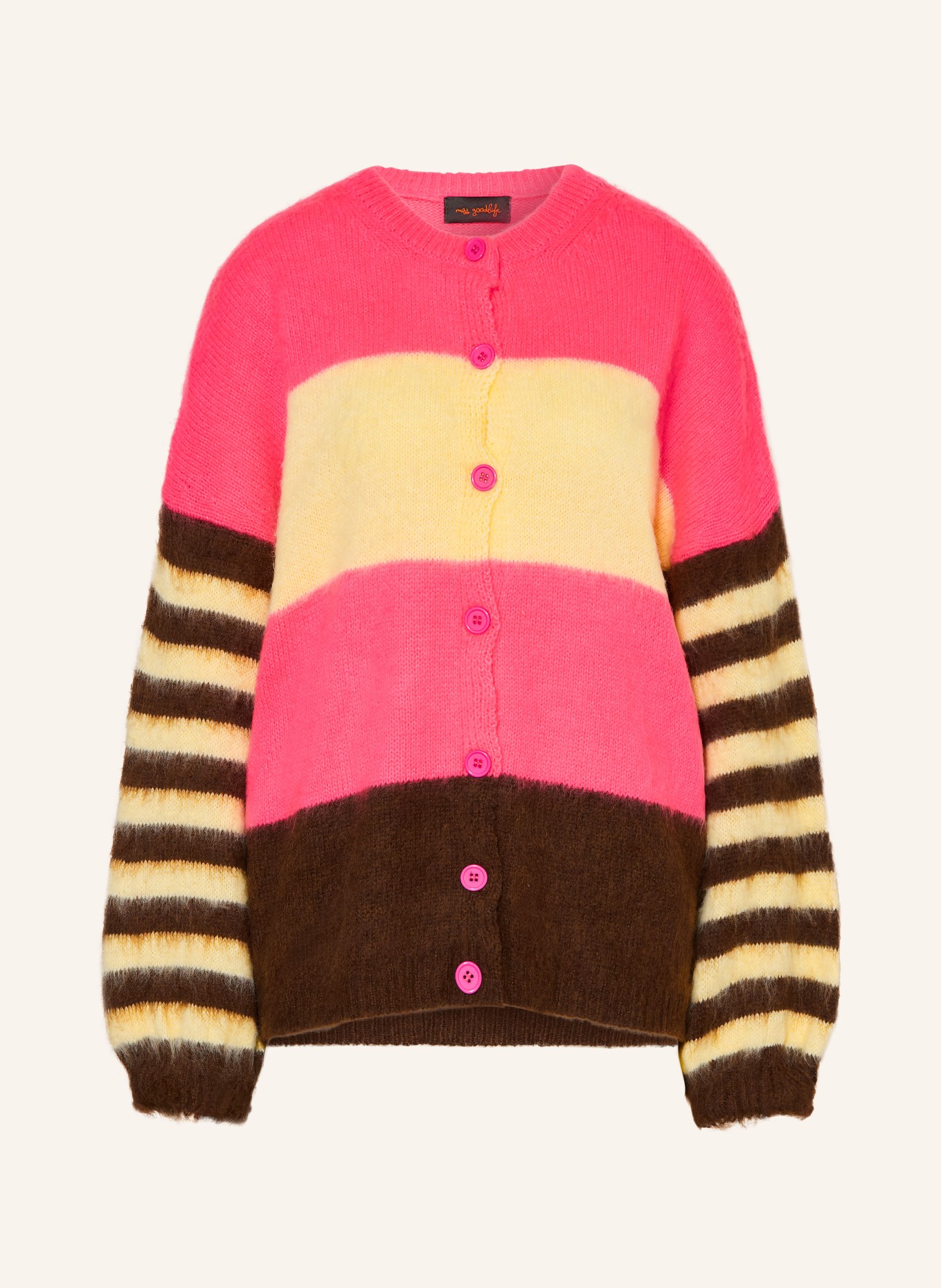 miss goodlife Strickjacke mit Alpaka: NEONPINK / DUNKELBRAUN / ECRU