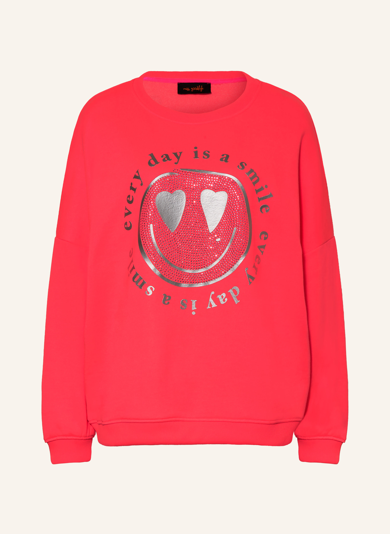 miss goodlife Oversized-Sweatshirt mit Schmucksteinen: NEONPINK / SILBER