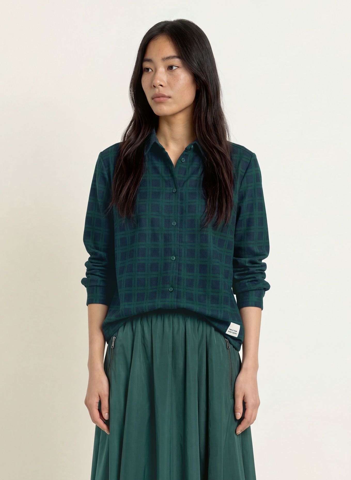 Miss Lagotte Overhemdblouse van jersey: DONKERGROEN / DONKERBLAUW
