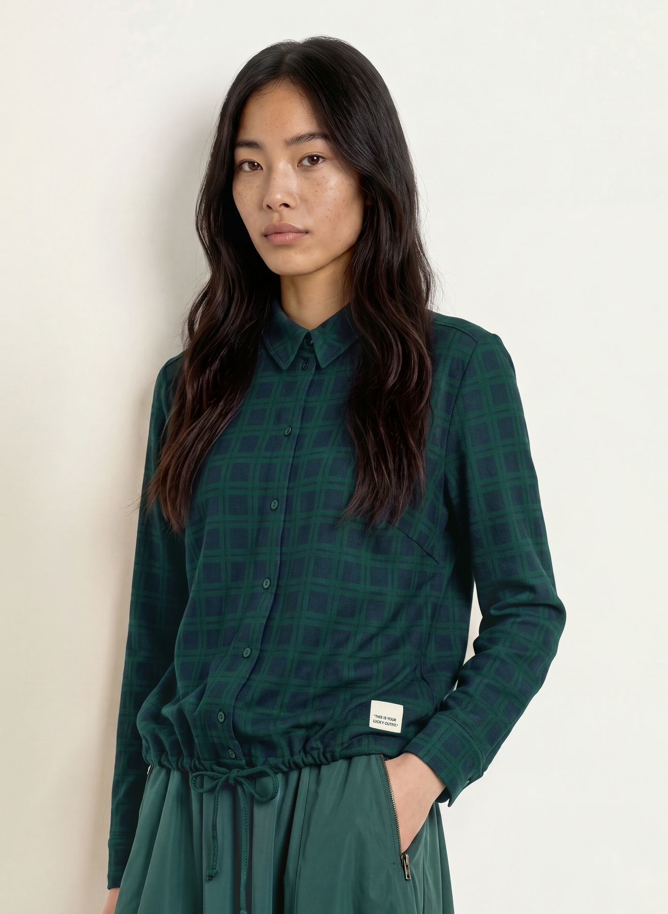 Miss Lagotte Overhemdblouse van jersey: DONKERGROEN / DONKERBLAUW