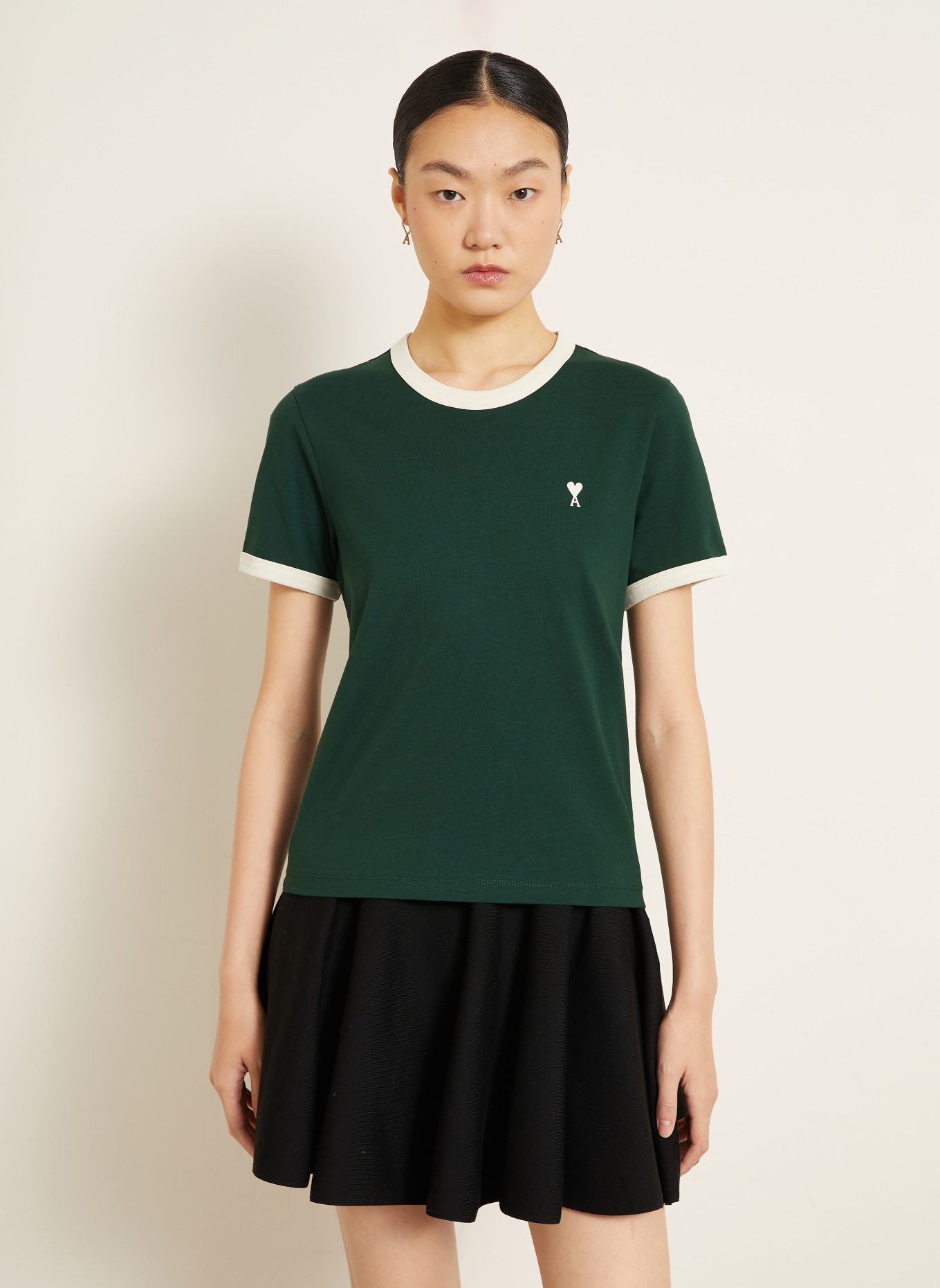 AMI PARIS T-Shirt: DUNKELGRÜN / CREME