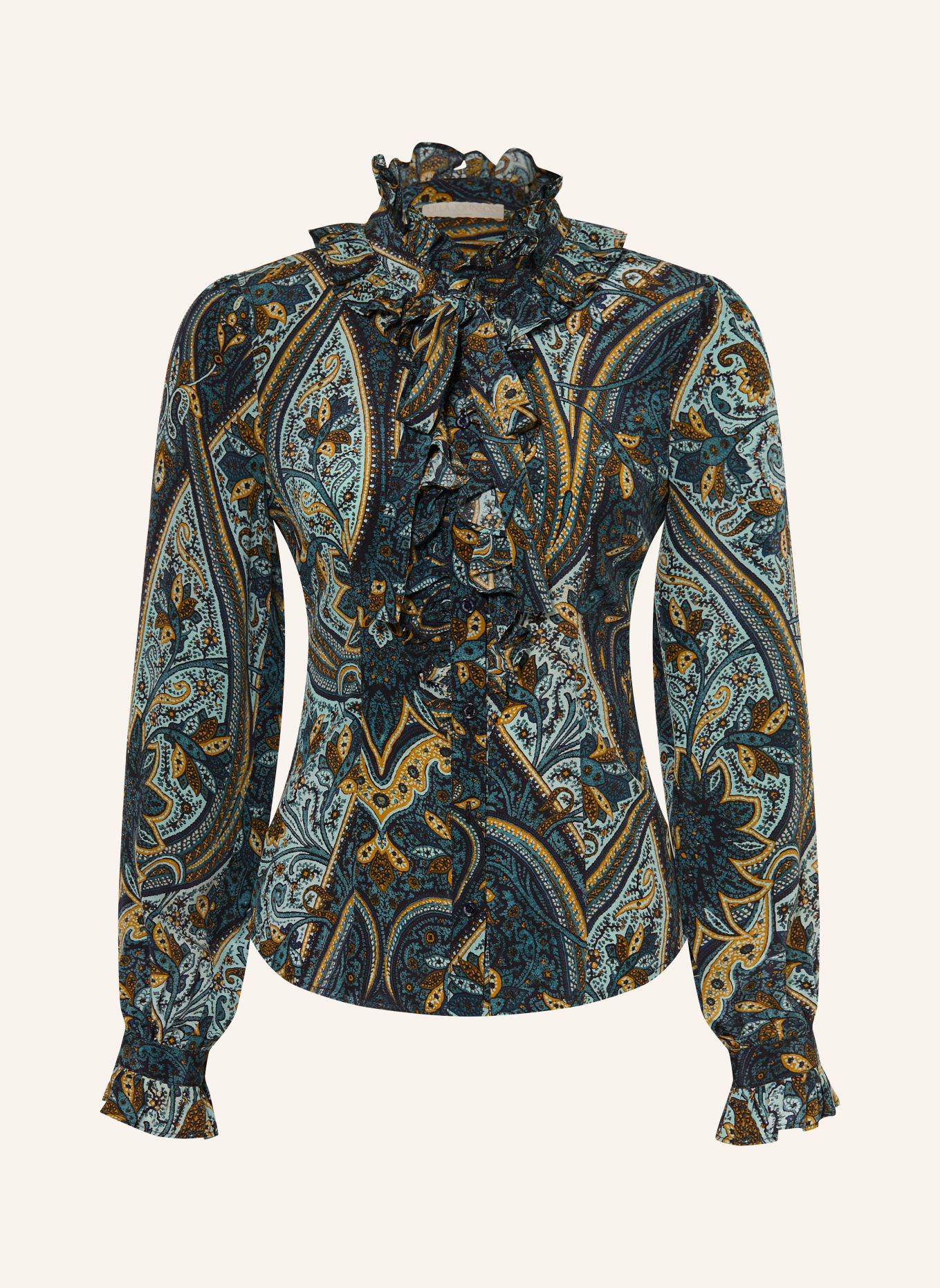 ULLA JOHNSON CATROUX silk blouse with ruffles: TEAL / DARK YELLOW / MINT