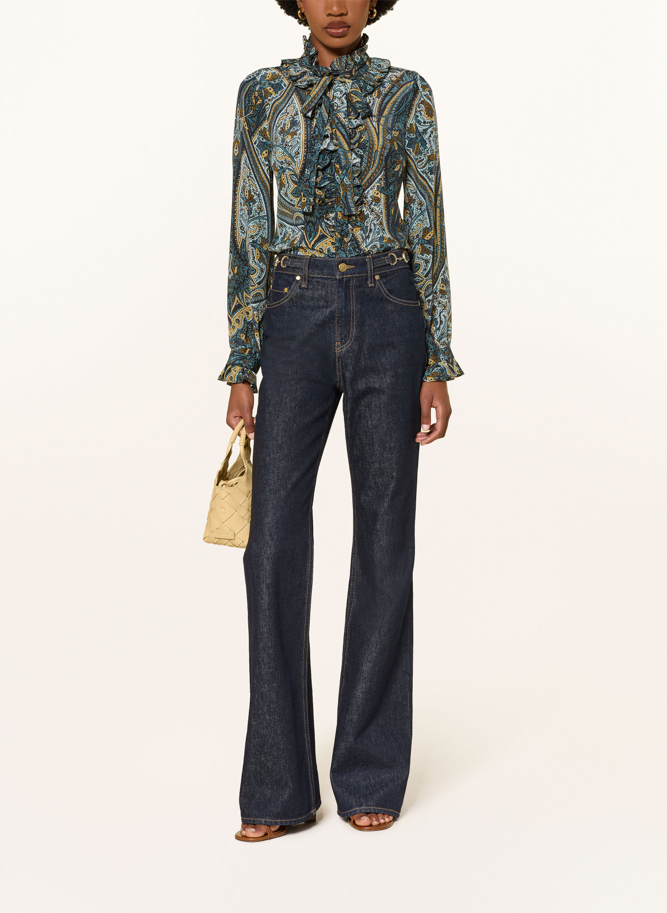 ULLA JOHNSON CATROUX silk blouse with ruffles: TEAL / DARK YELLOW / MINT