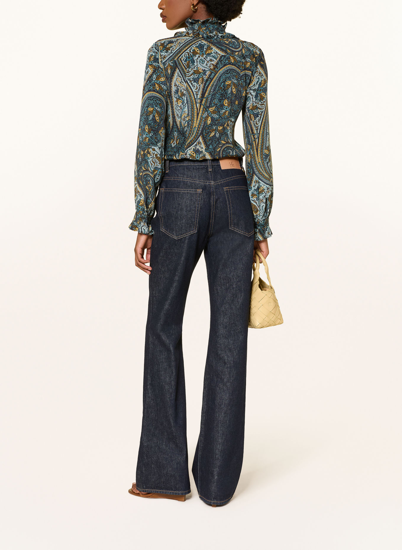 ULLA JOHNSON CATROUX silk blouse with ruffles: TEAL / DARK YELLOW / MINT