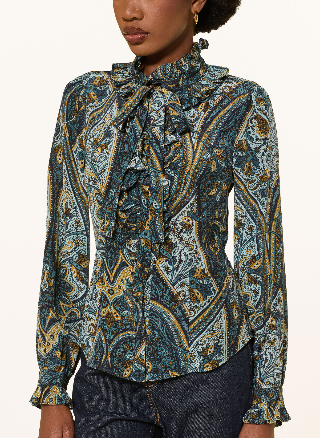 ULLA JOHNSON CATROUX silk blouse with ruffles: TEAL / DARK YELLOW / MINT