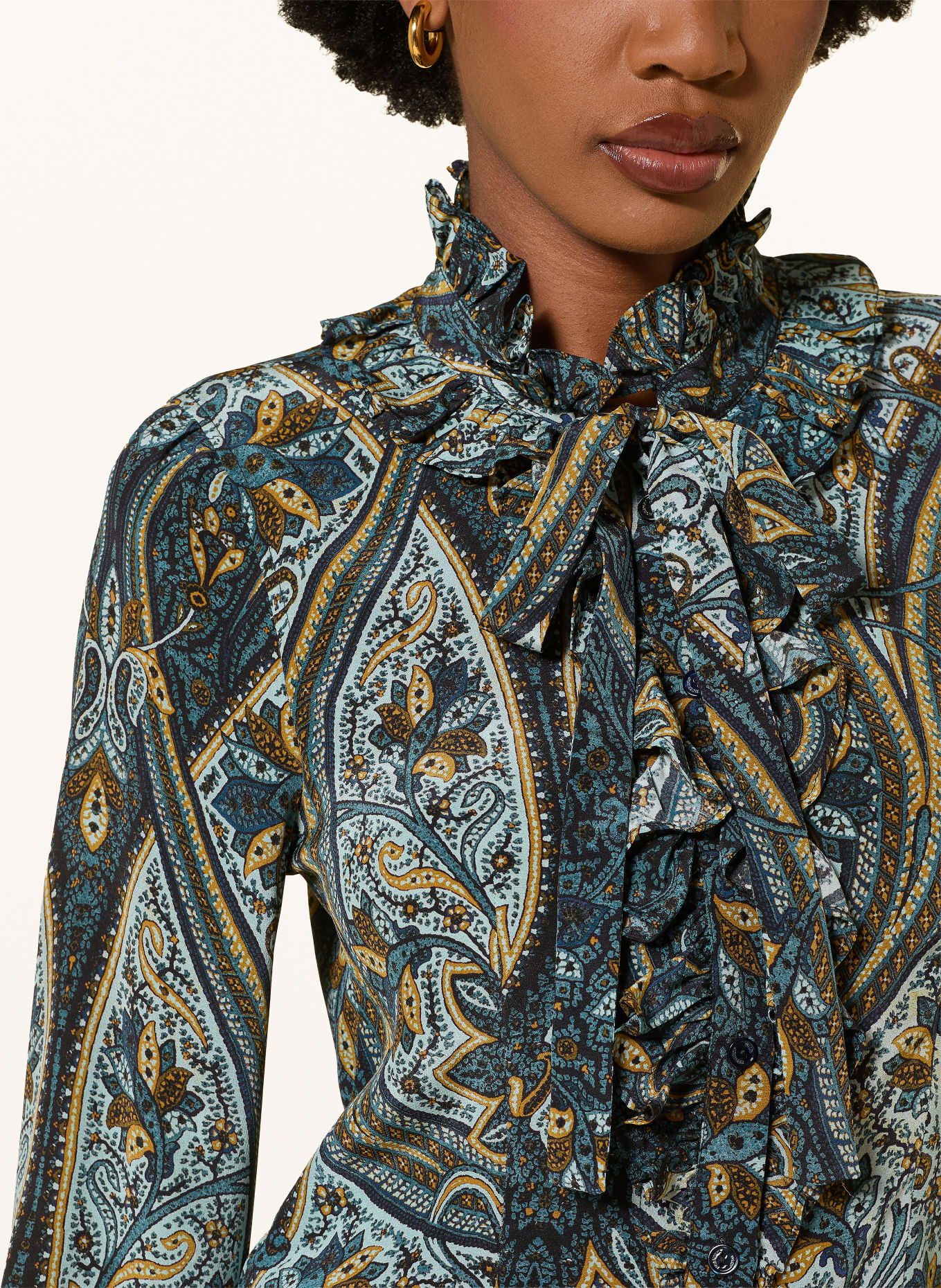 ULLA JOHNSON CATROUX silk blouse with ruffles: TEAL / DARK YELLOW / MINT