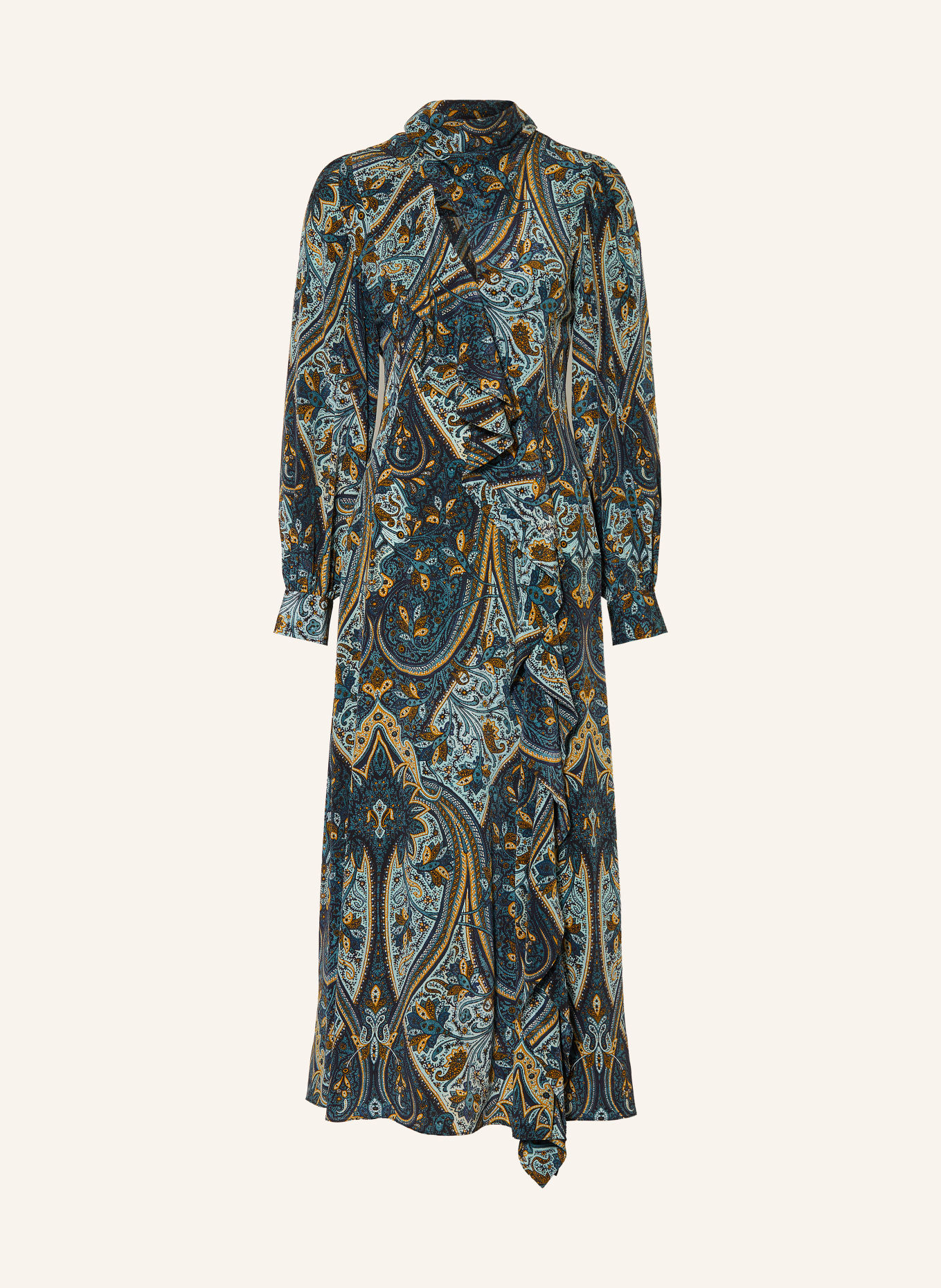 ULLA JOHNSON Zijden jurk SABRINA met volants: PETROL / DONKERGEEL / MINT
