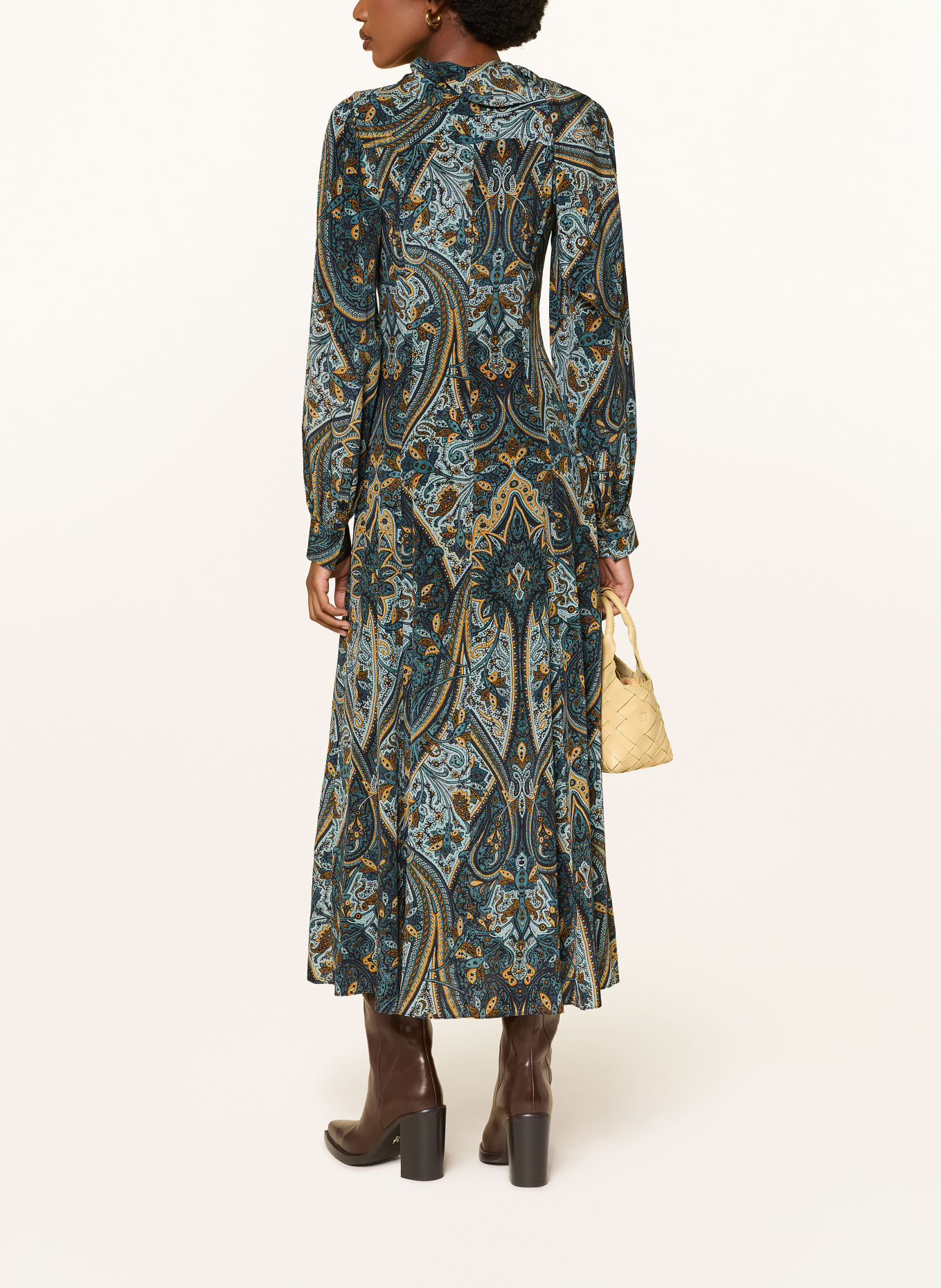 ULLA JOHNSON Zijden jurk SABRINA met volants: PETROL / DONKERGEEL / MINT
