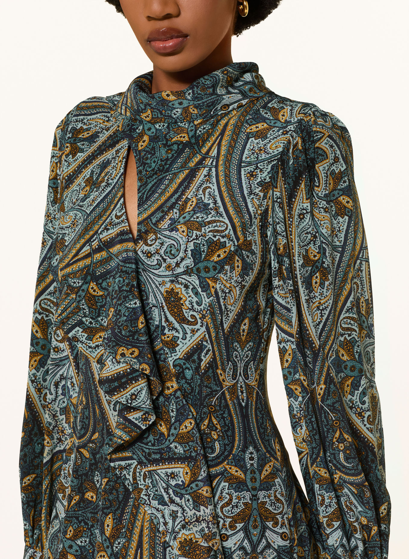 ULLA JOHNSON Zijden jurk SABRINA met volants: PETROL / DONKERGEEL / MINT