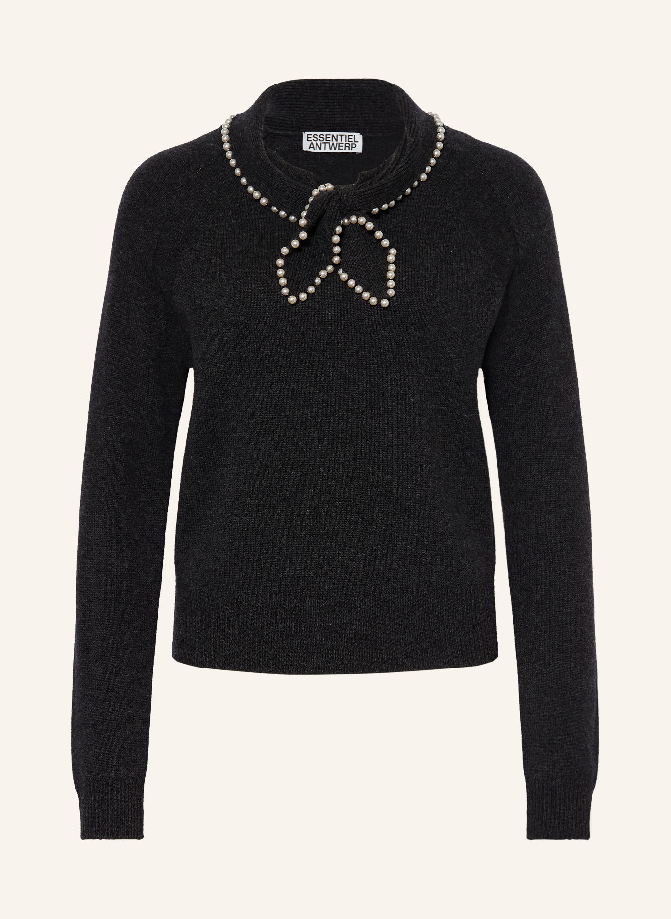 ESSENTIEL ANTWERP Pulover KASA cu fundă și perle decorative: NEGRU / ALB