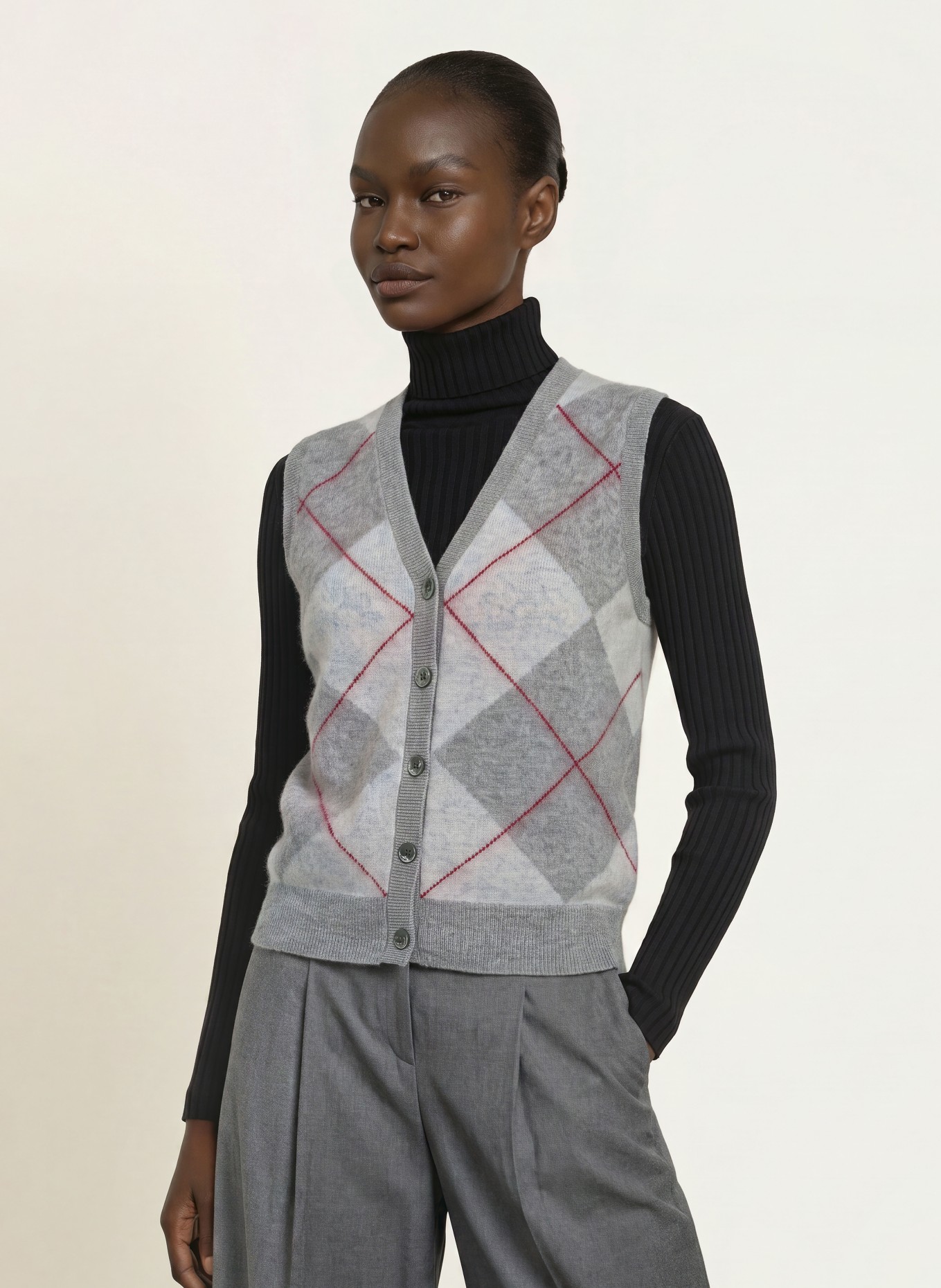 SAINTE MER Knit vest with merino wool: GRAY / LIGHT GRAY / DARK RED