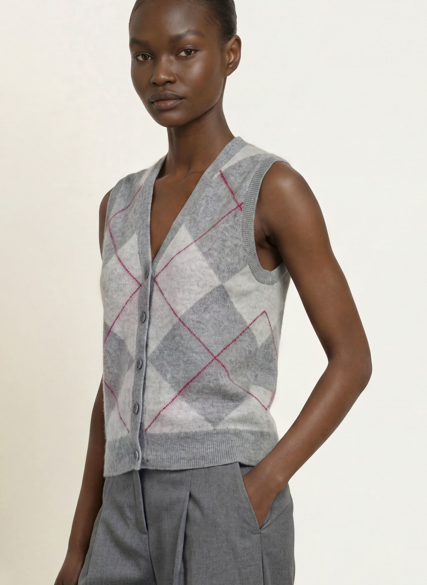 SAINTE MER Knit vest with merino wool: GRAY / LIGHT GRAY / DARK RED