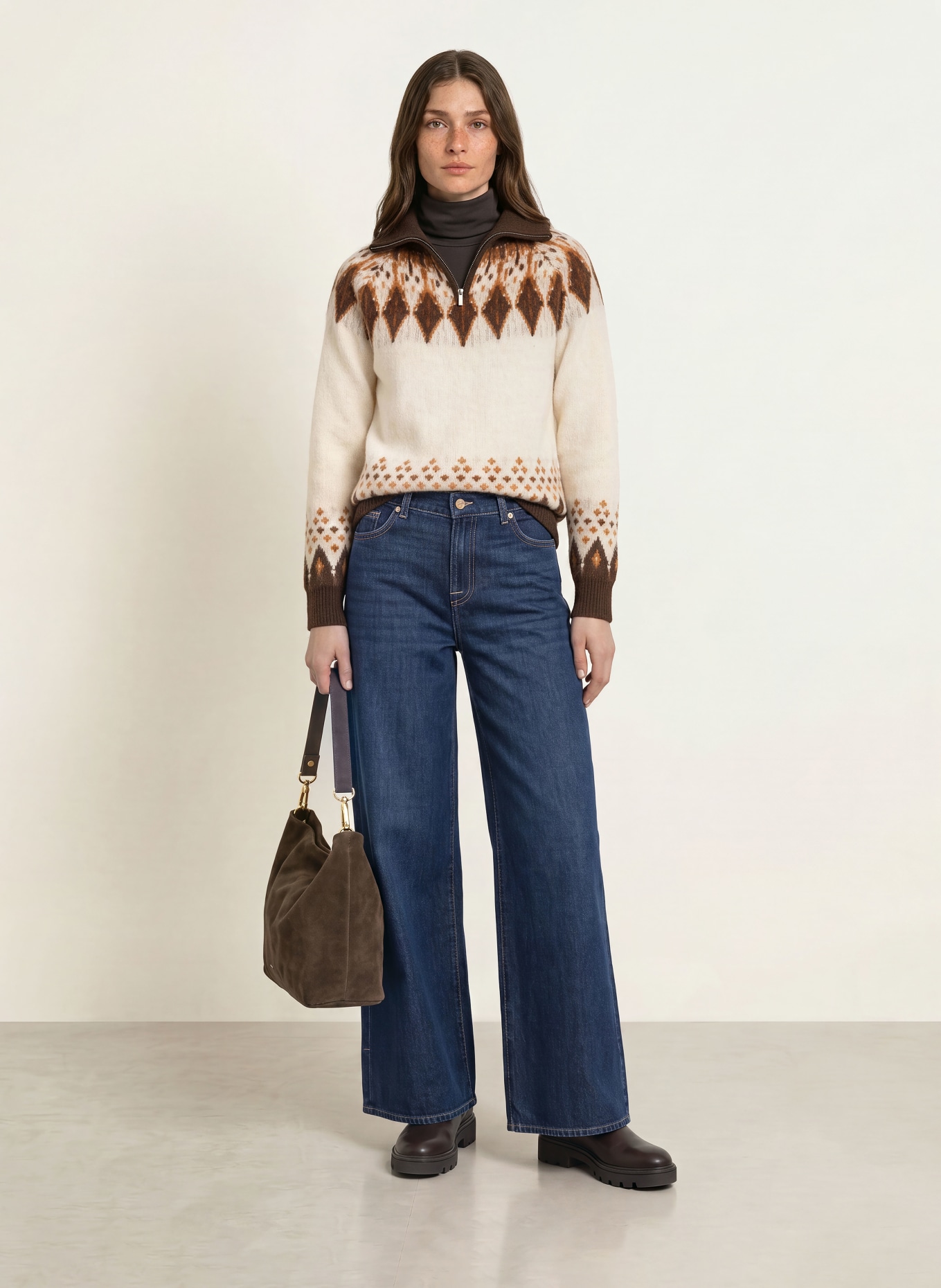SAINTE MER Half-zip sweater with merino wool: CREAM / COGNAC / DARK BROWN