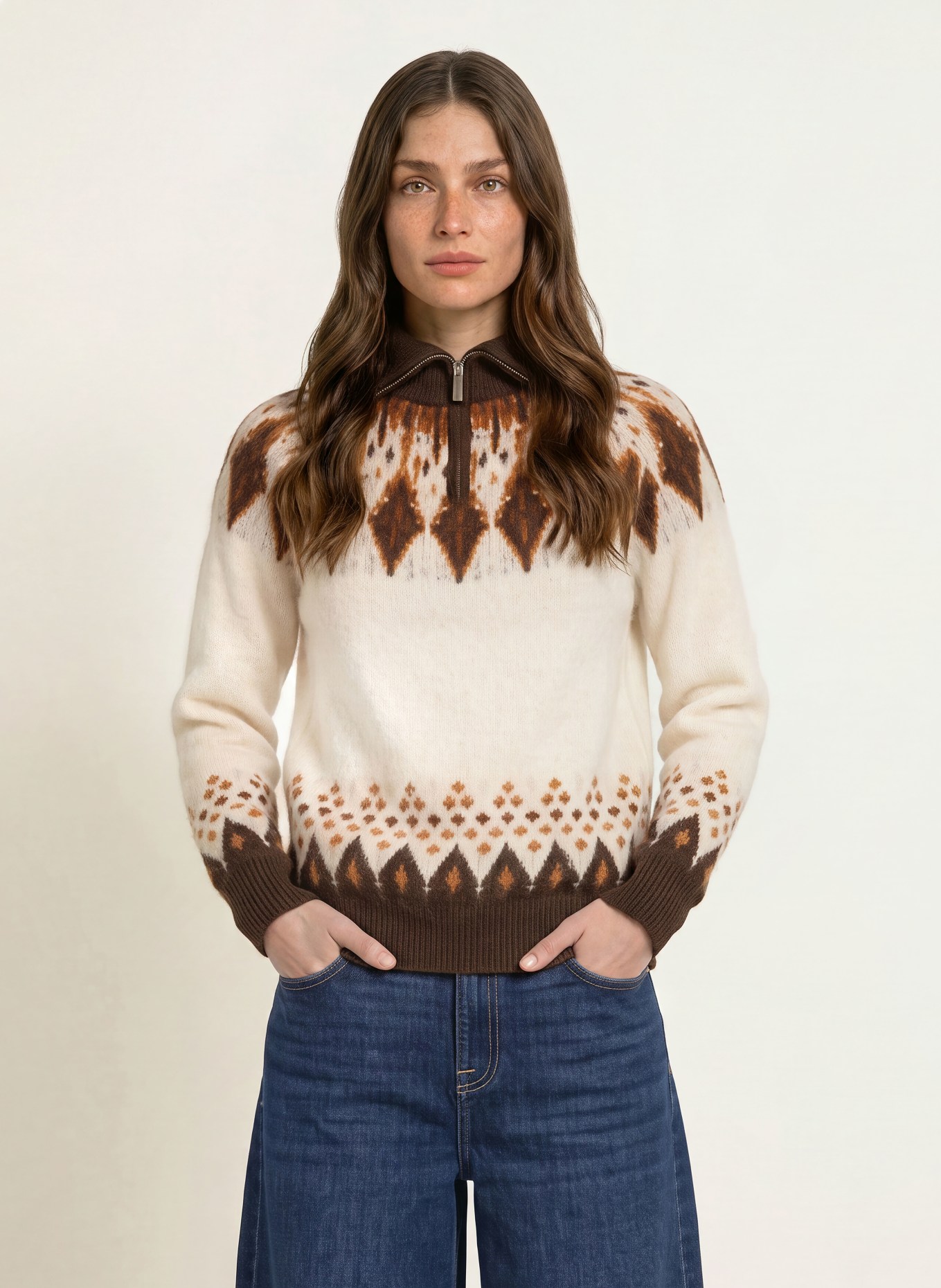 SAINTE MER Half-zip sweater with merino wool: CREAM / COGNAC / DARK BROWN