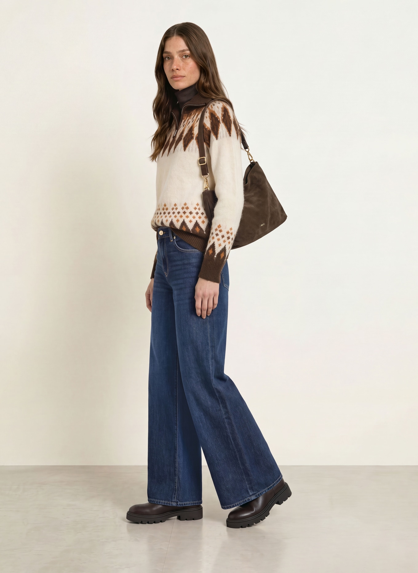 SAINTE MER Half-zip sweater with merino wool: CREAM / COGNAC / DARK BROWN