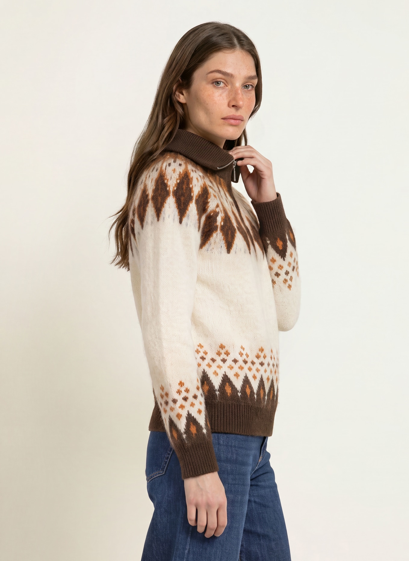 SAINTE MER Half-zip sweater with merino wool: CREAM / COGNAC / DARK BROWN