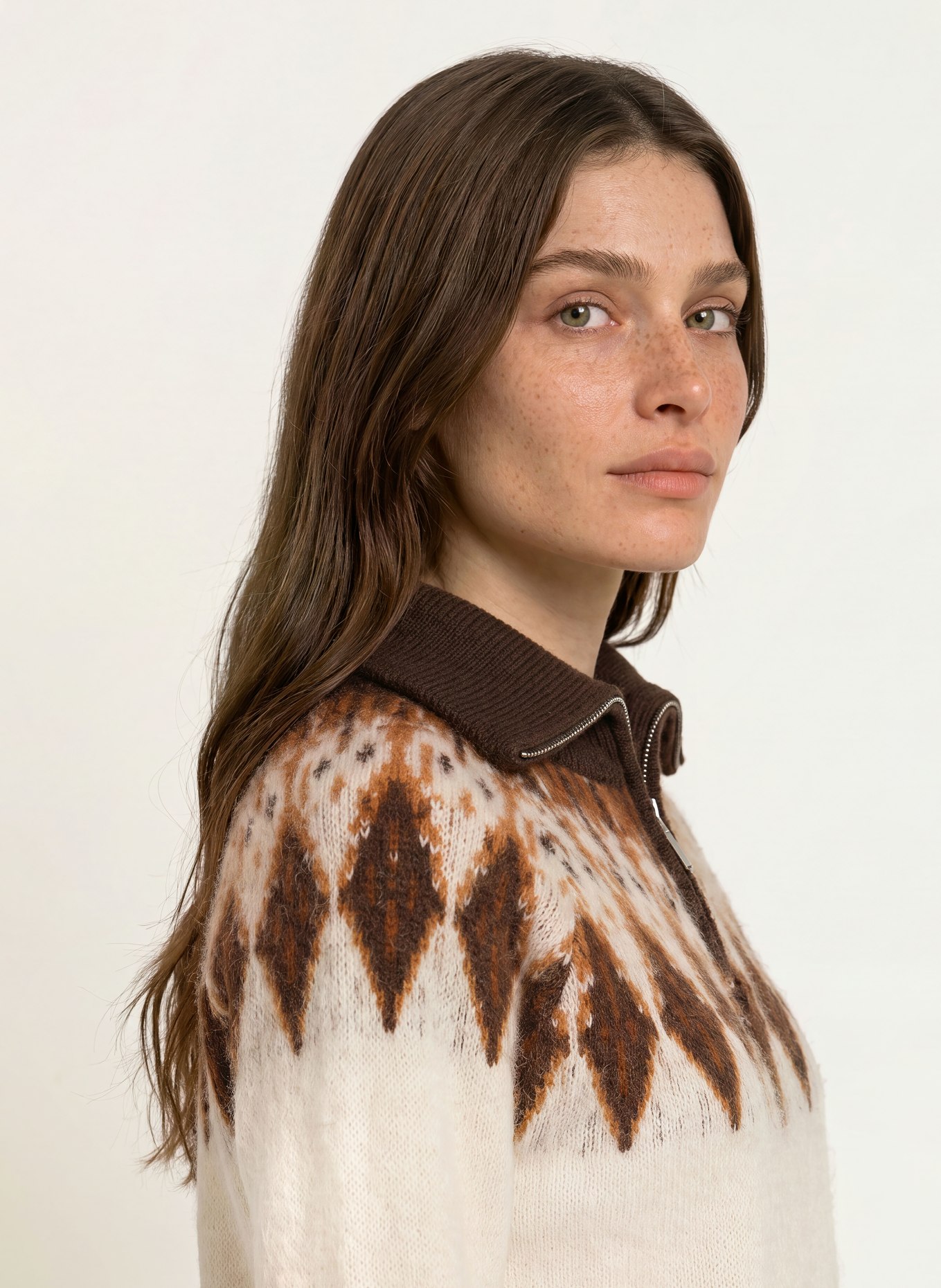 SAINTE MER Half-zip sweater with merino wool: CREAM / COGNAC / DARK BROWN