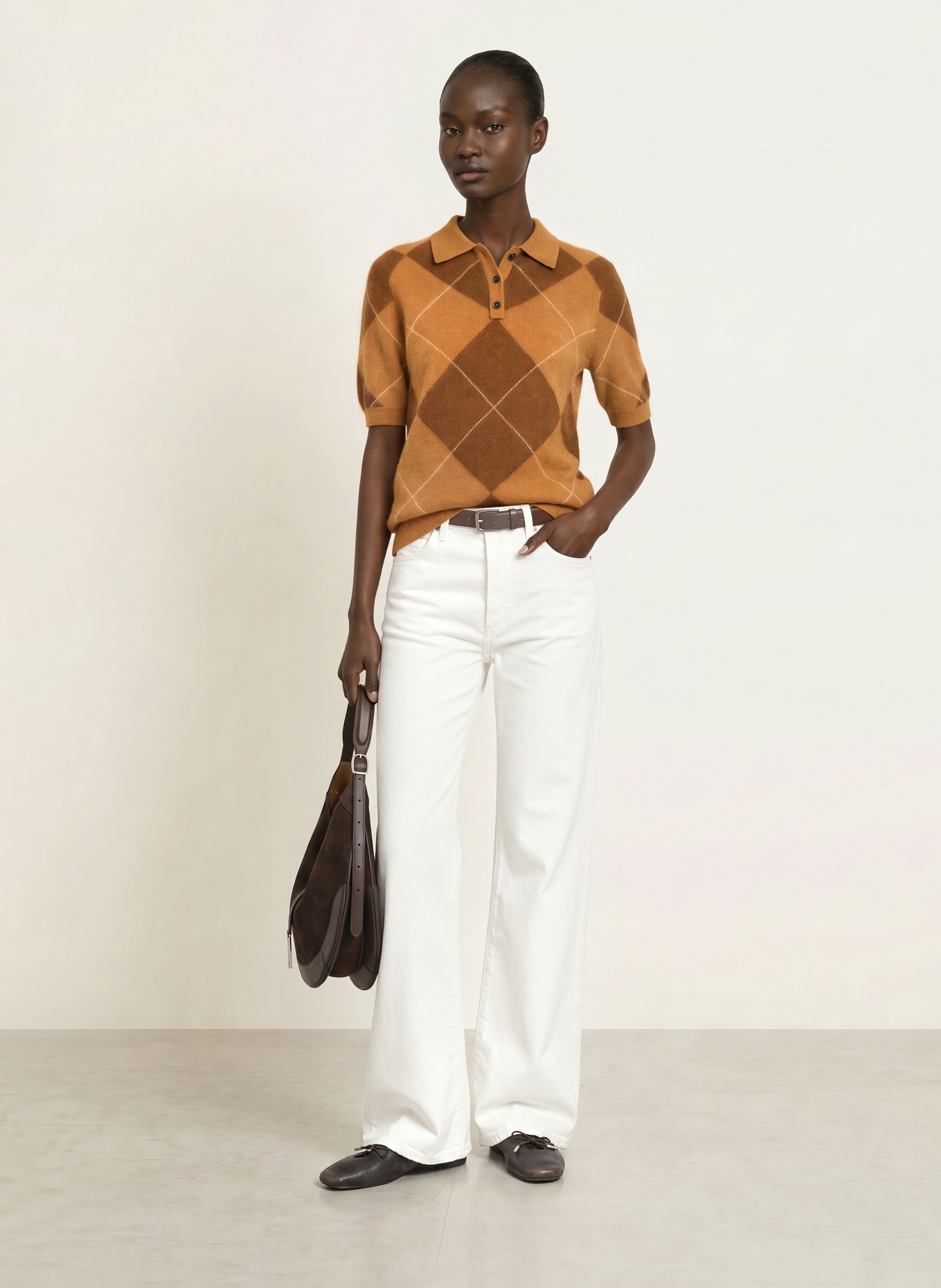 SAINTE MER Knit polo shirt with merino wool: COGNAC / DARK BROWN / CREAM