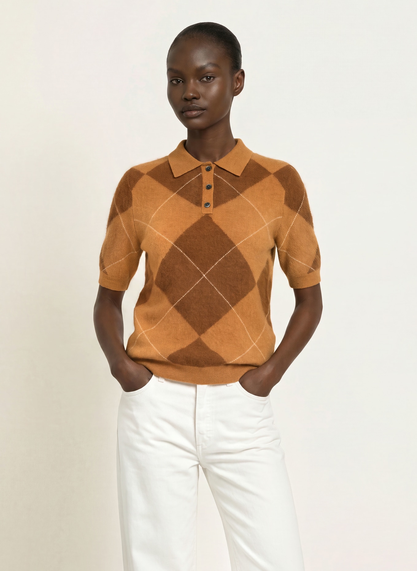 SAINTE MER Knit polo shirt with merino wool: COGNAC / DARK BROWN / CREAM