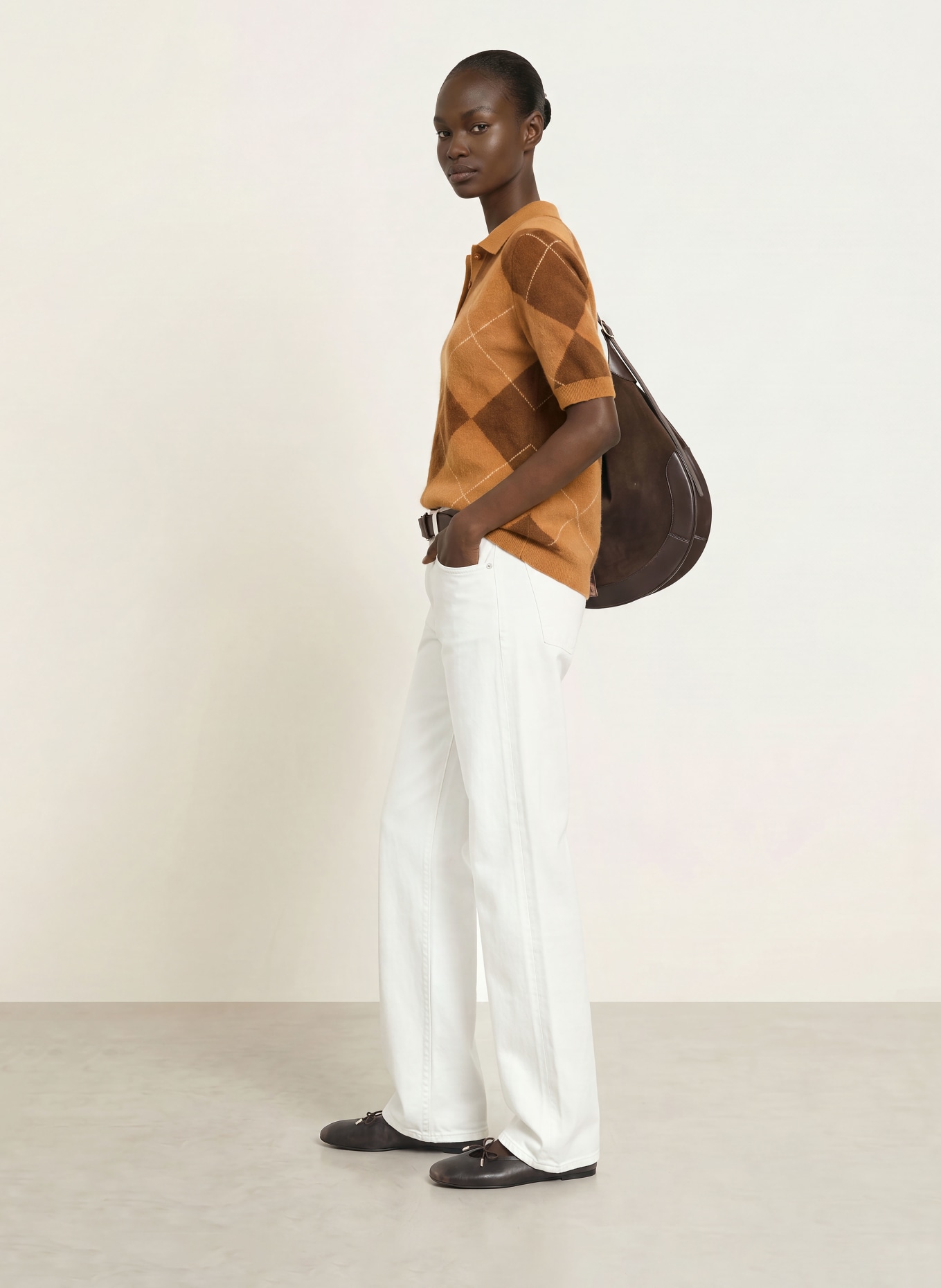 SAINTE MER Knit polo shirt with merino wool: COGNAC / DARK BROWN / CREAM