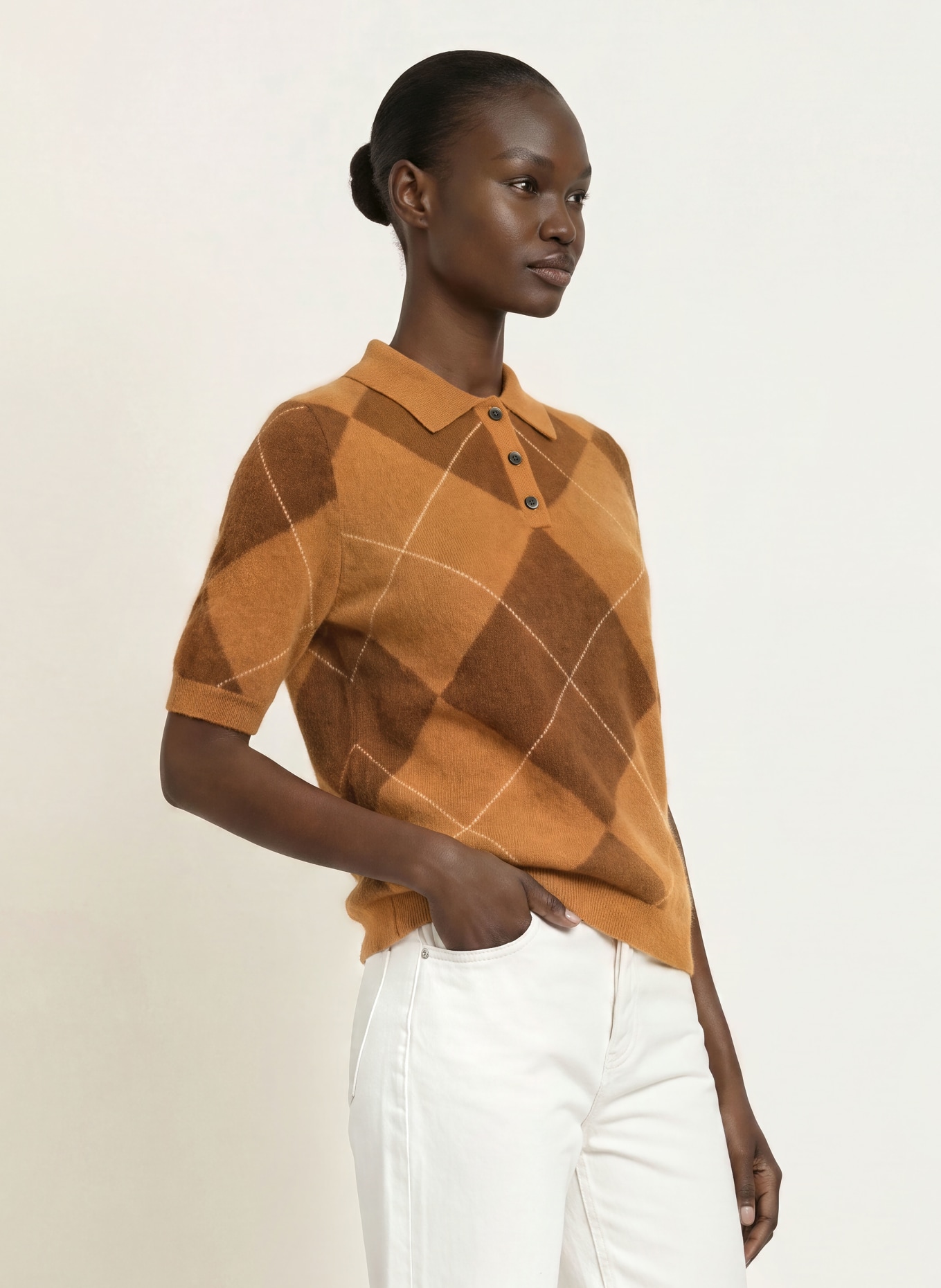 SAINTE MER Knit polo shirt with merino wool: COGNAC / DARK BROWN / CREAM