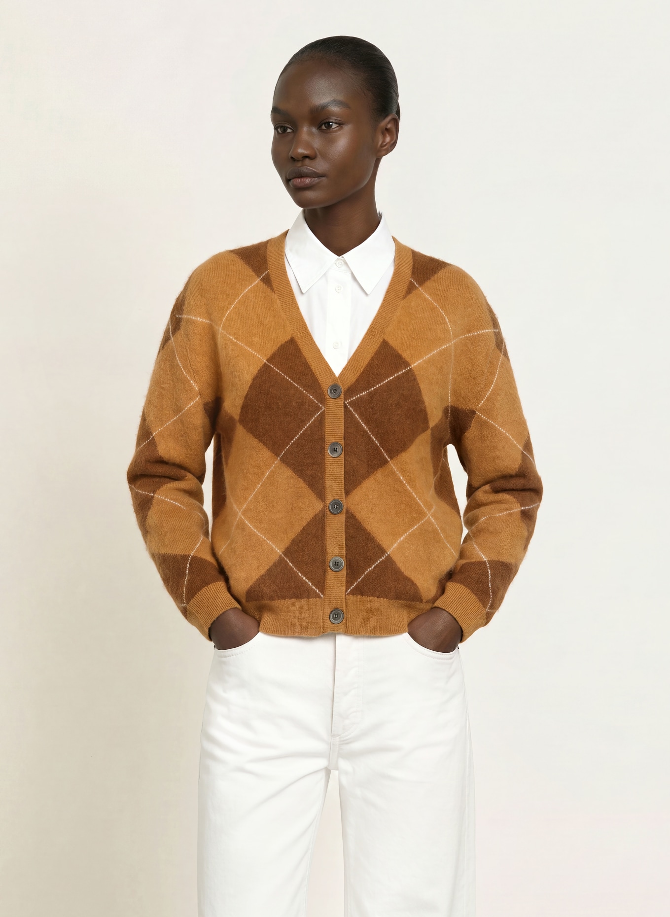 SAINTE MER Cardigan with merino wool: COGNAC / DARK BROWN / CREAM