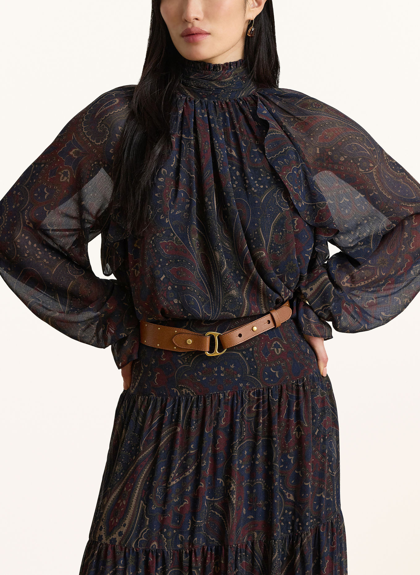 LAUREN RALPH LAUREN Blusenshirt mit Volants: DUNKELBLAU / DUNKELROT / KHAKI