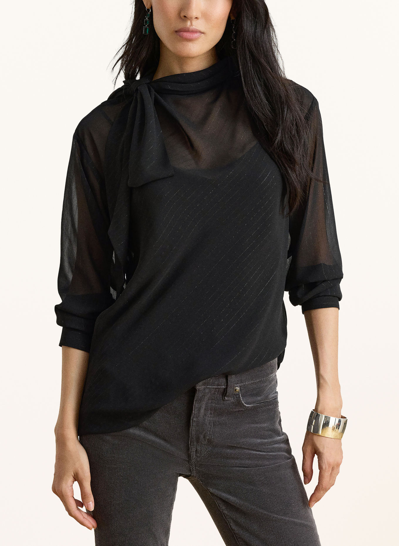 LAUREN RALPH LAUREN Strikblouse met strik en glitterdraad: ZWART