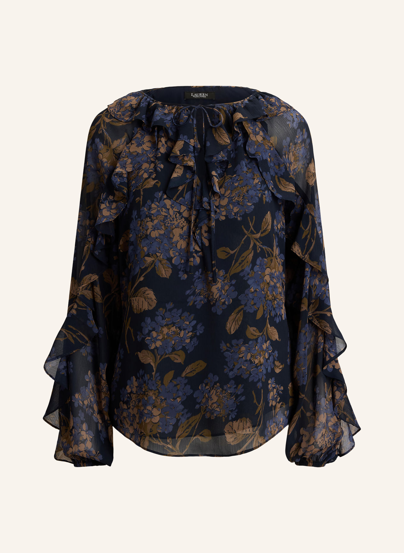 LAUREN RALPH LAUREN Blusenshirt mit Volants: DUNKELBLAU / BRAUN