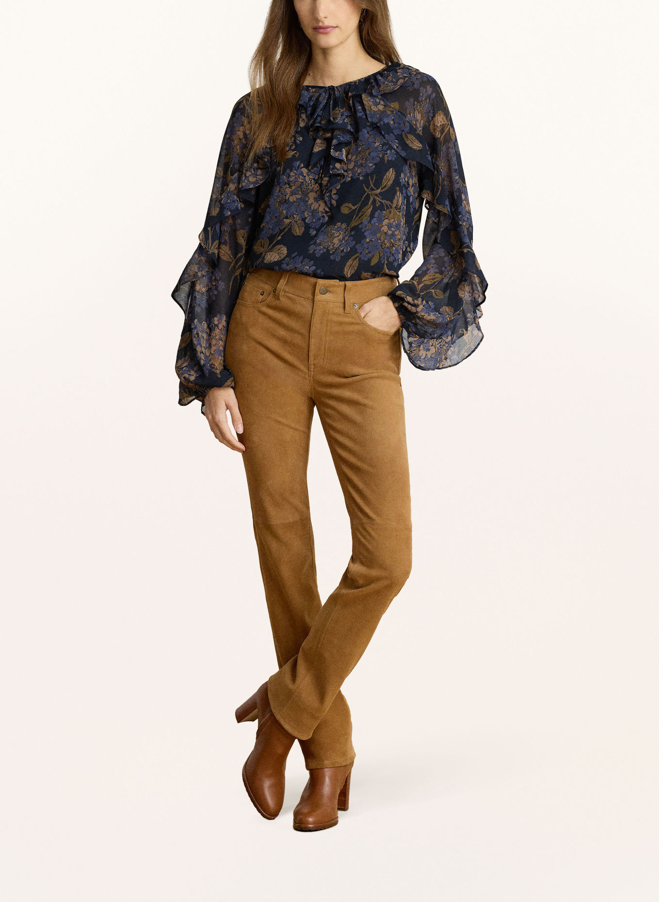 LAUREN RALPH LAUREN Blusenshirt mit Volants: DUNKELBLAU / BRAUN