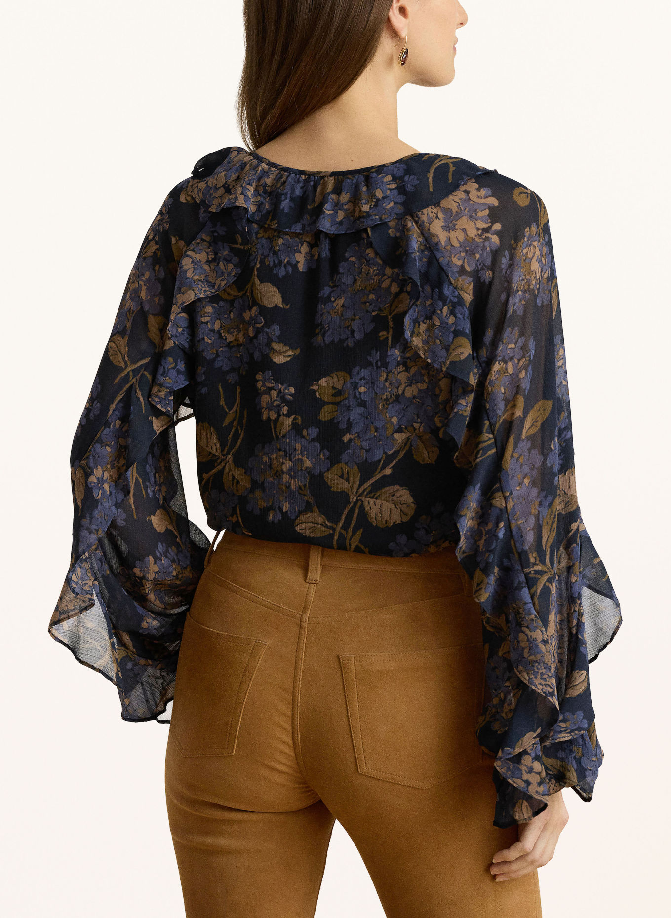 LAUREN RALPH LAUREN Blusenshirt mit Volants: DUNKELBLAU / BRAUN