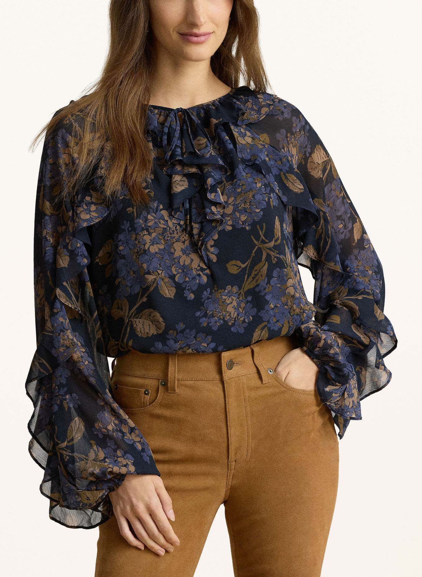 LAUREN RALPH LAUREN Blusenshirt mit Volants: DUNKELBLAU / BRAUN