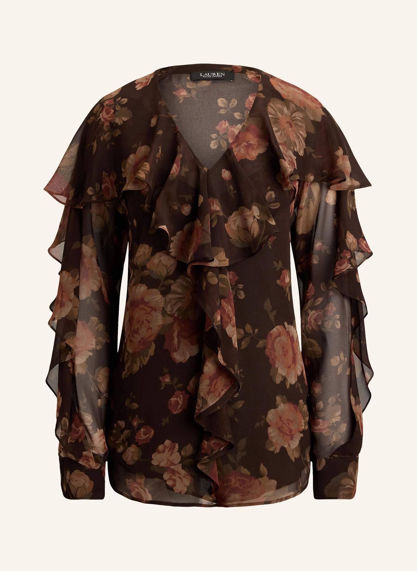 LAUREN RALPH LAUREN Blusenshirt mit Volants: DUNKELBRAUN / ALTROSA / KHAKI